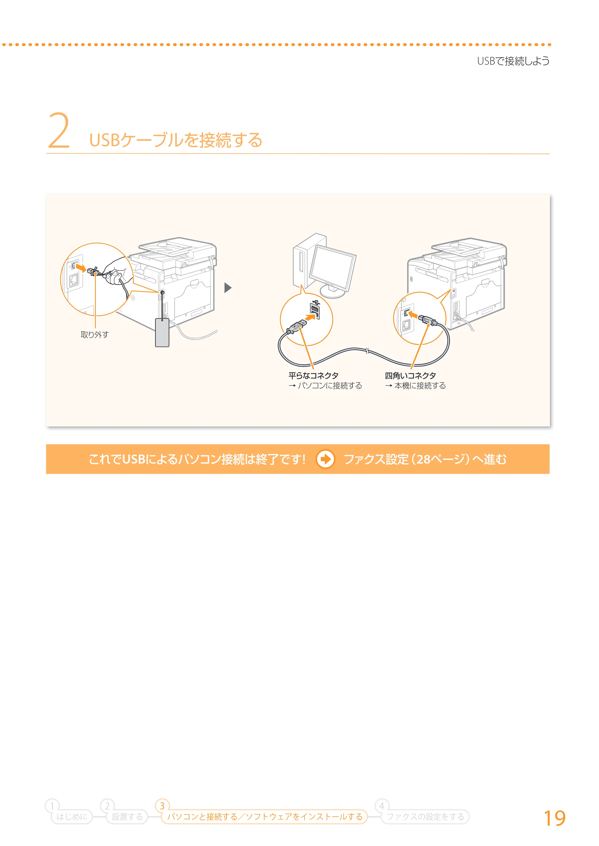 キヤノン MF726Cdw/MF722Cdw/MF628Cw かんたん設置ガイド (MF628Cw) 2015年8月25日掲載(PDF:15.1MB) — 原本ページ — 19ページ