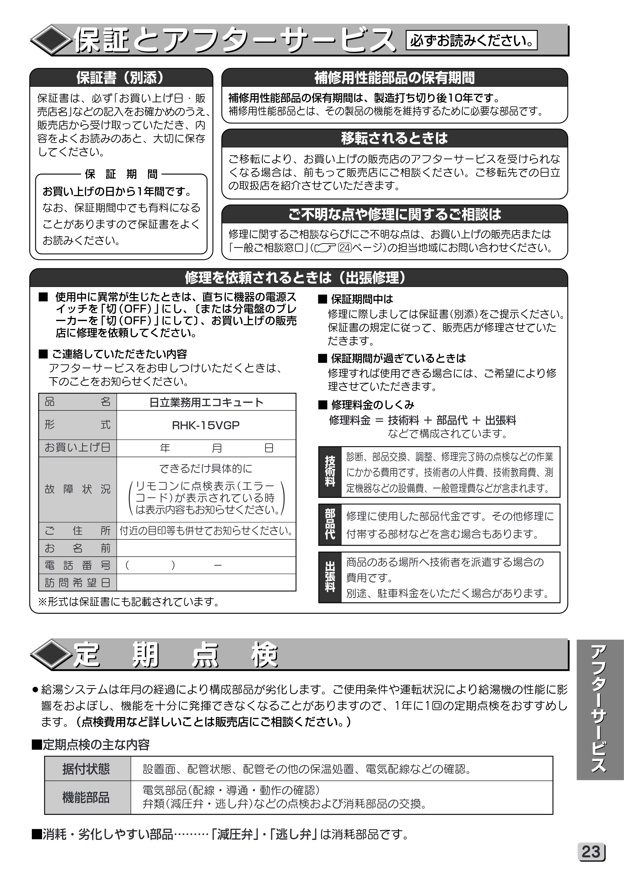 日立 RHK-15VGP 取扱説明書 — 保証とアフターサービス／定期点検 — 原本ページ — 23ページ