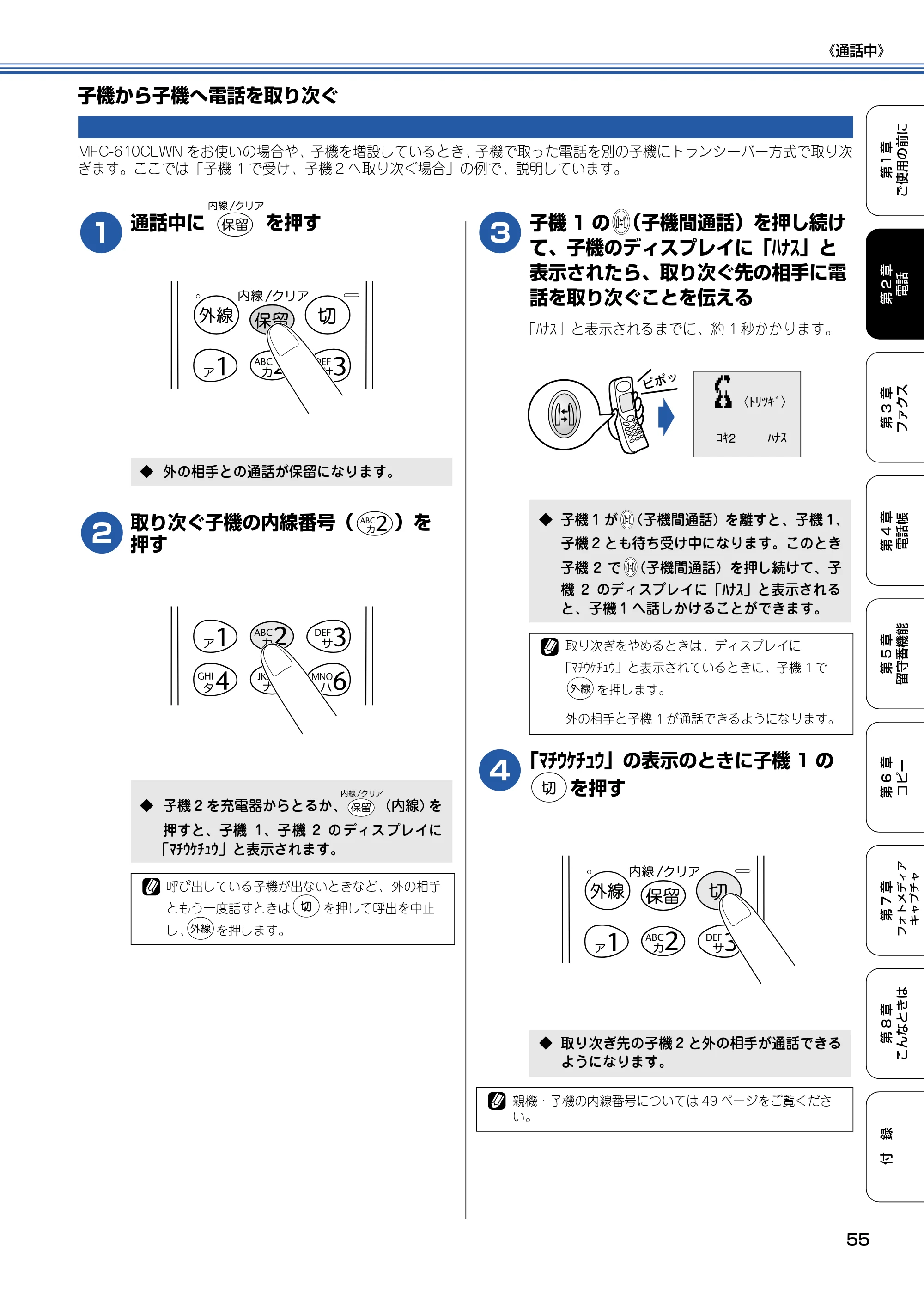 ブラザー MFC-610CLN / MFC-610CLWN / MFC-620CLN 取扱説明書（本体） — 子機から子機へ電話を取り次ぐ — 原本ページ — 56ページ