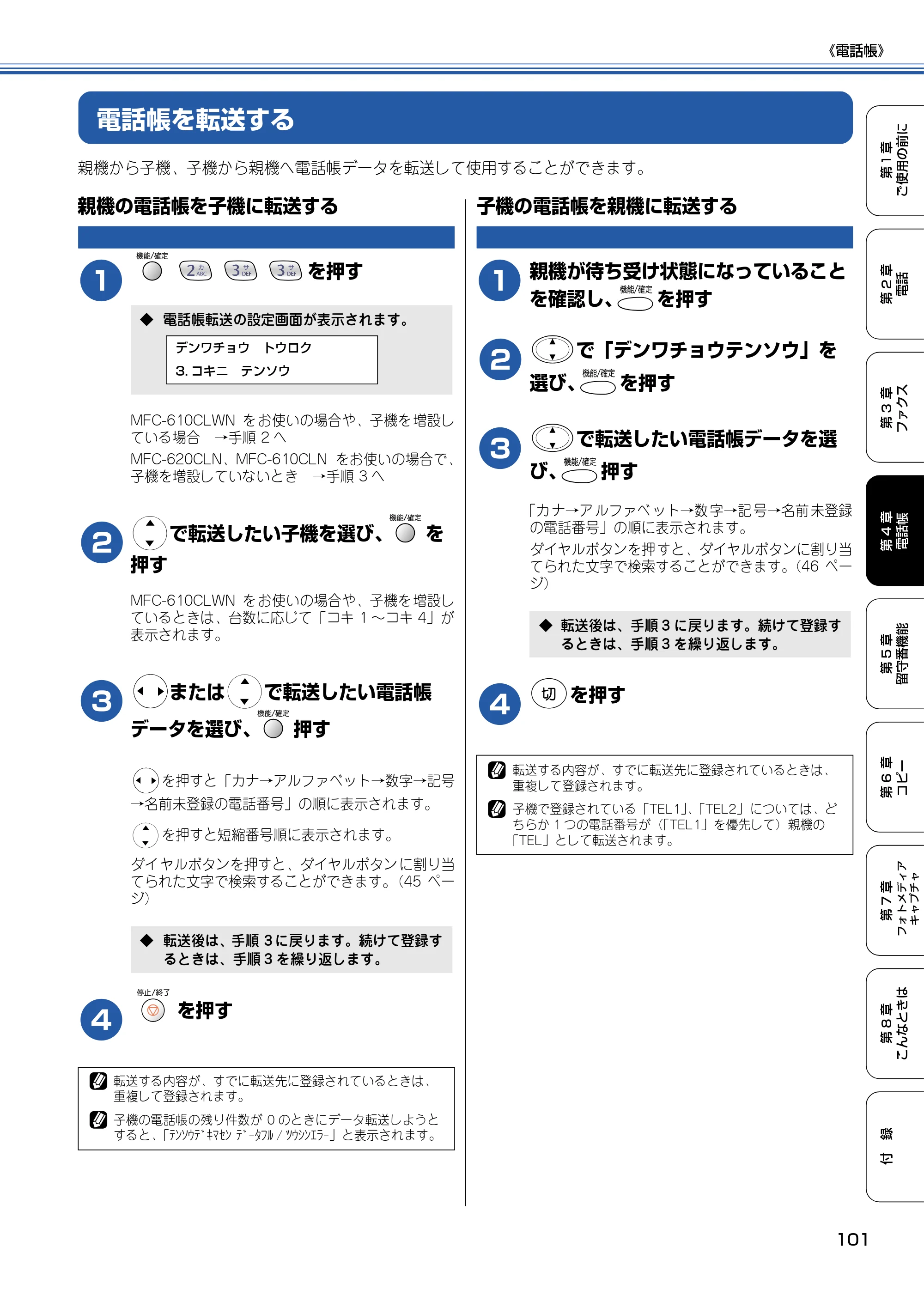 ブラザー MFC-610CLN / MFC-610CLWN / MFC-620CLN 取扱説明書（本体） — 電話帳を転送する — 原本ページ — 102ページ