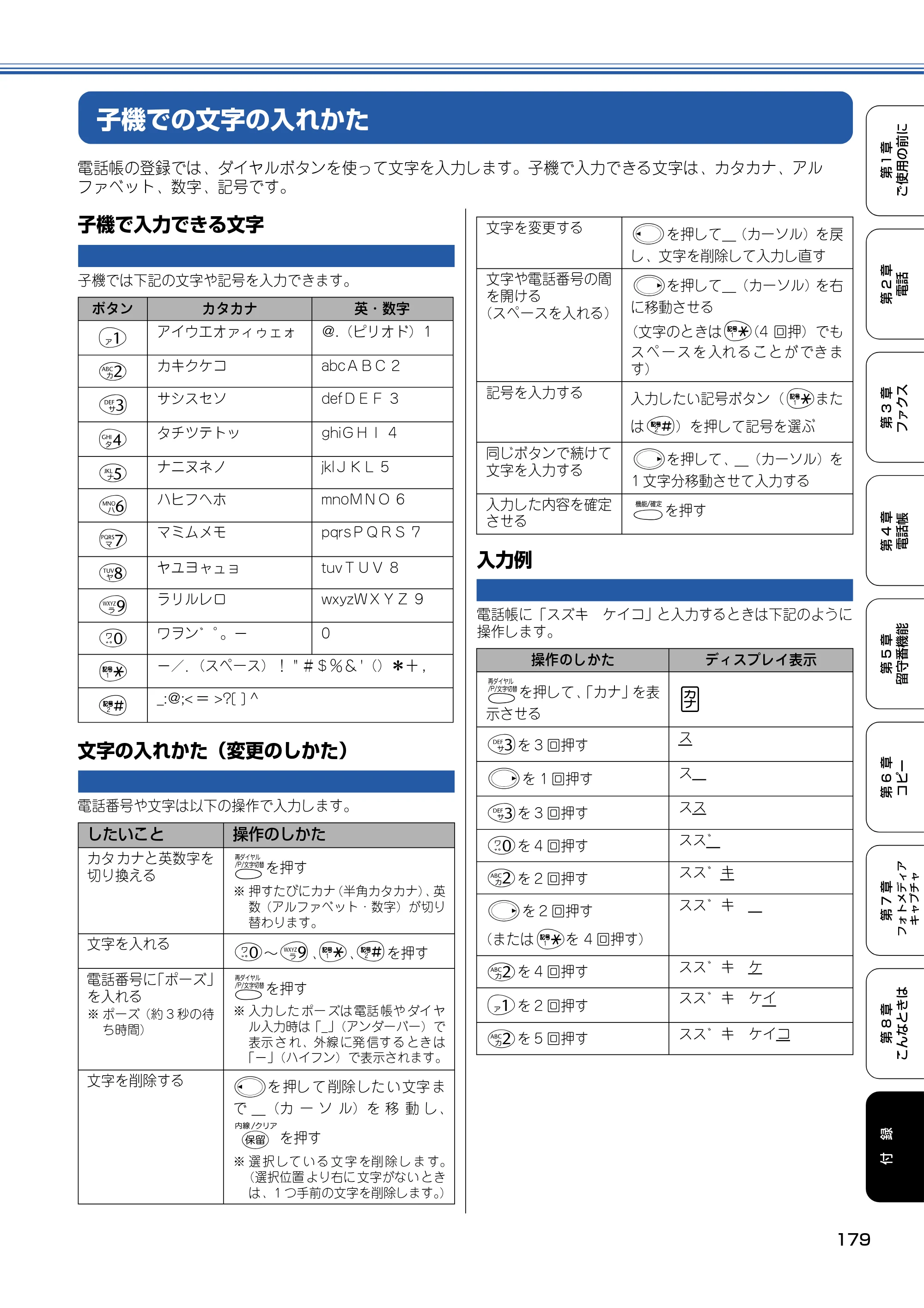 ブラザー MFC-610CLN / MFC-610CLWN / MFC-620CLN 取扱説明書（本体） — 子機での文字の入れかた — 原本ページ — 180ページ