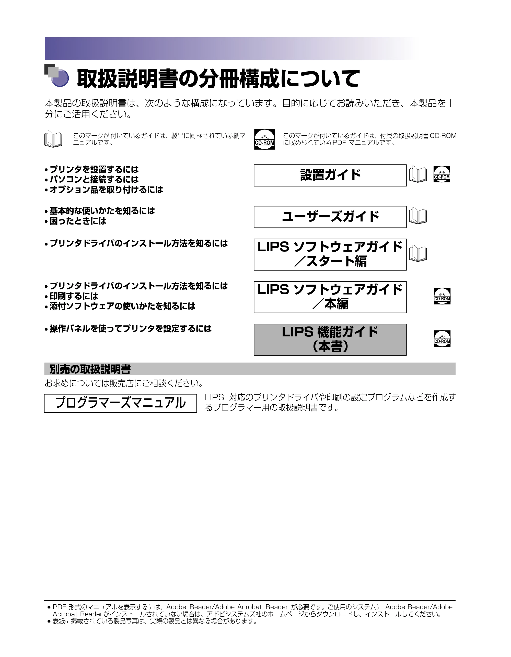 キヤノン LBP-1310 LIPS機能ガイド 2004年7月12日更新 (PDF形式/3.14Mバイト) — 取扱説明書の分冊構成について — 原本ページ — 2ページ