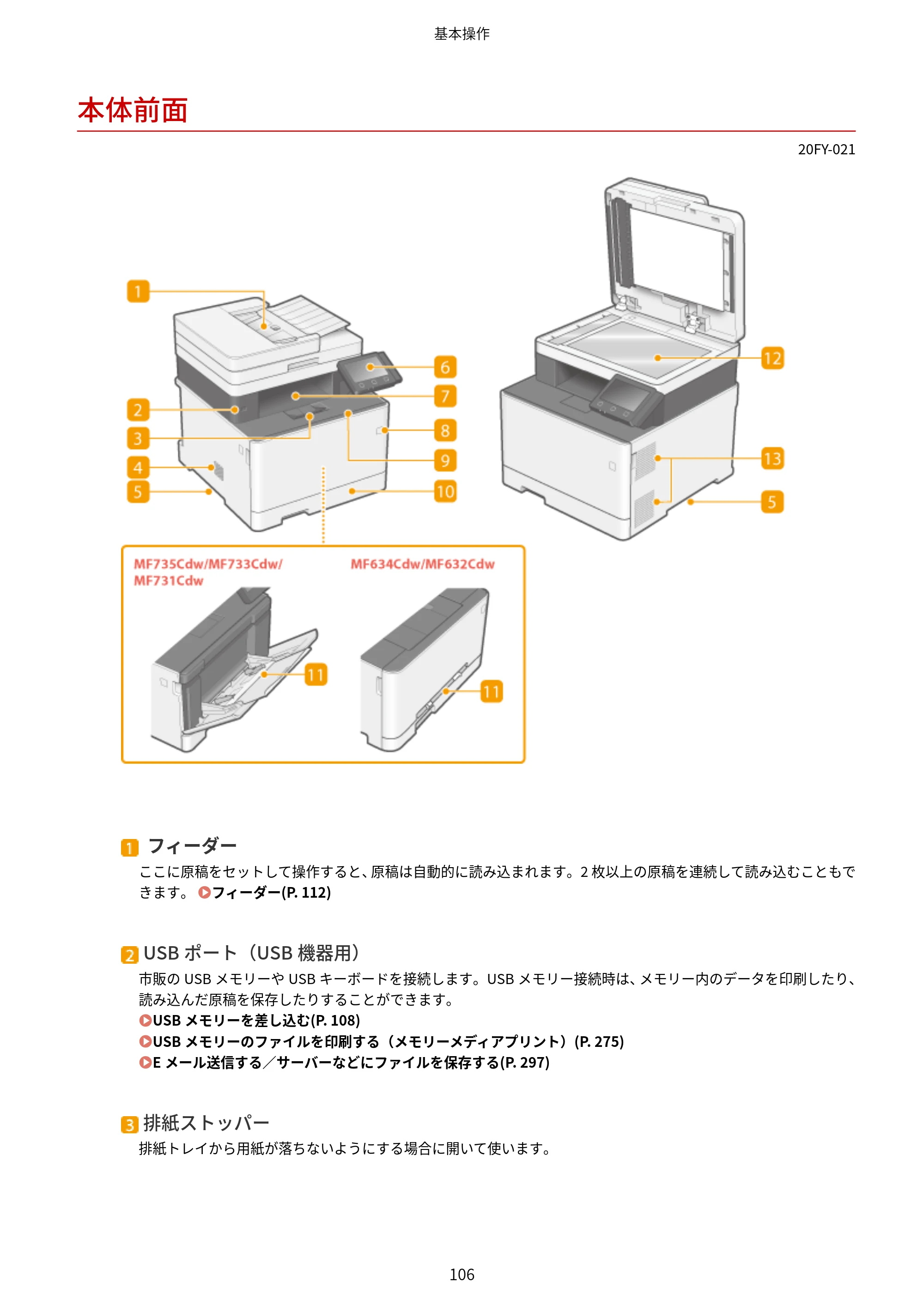 キヤノン MF735Cdw・MF733Cdw・MF731Cdw・MF634Cdw・MF632Cdw ユーザーズガイド 2021年9月9日更新（PDF：6.83MB） — 本体前面 — 原本ページ — 114ページ
