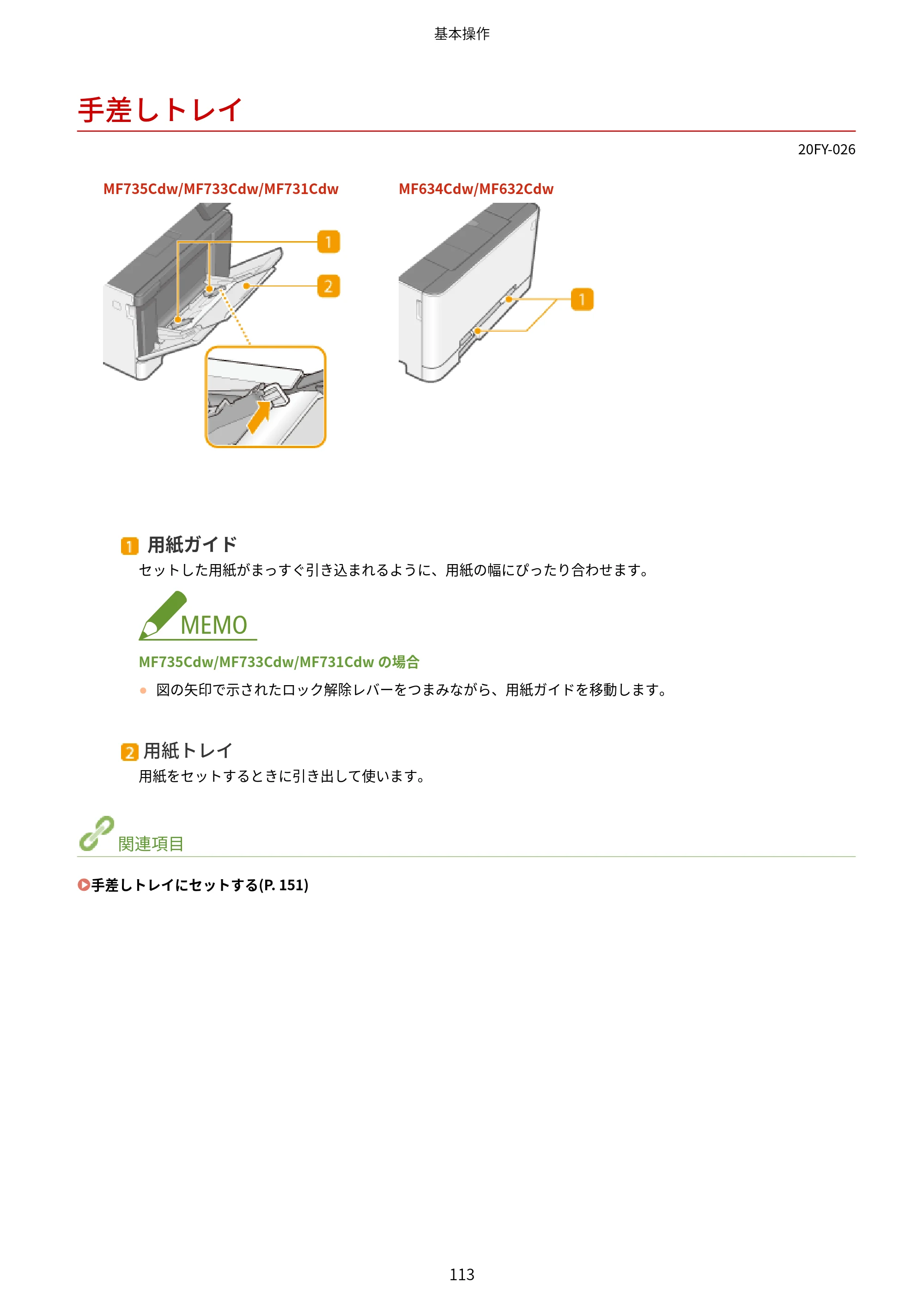 キヤノン MF735Cdw・MF733Cdw・MF731Cdw・MF634Cdw・MF632Cdw ユーザーズガイド 2021年9月9日更新（PDF：6.83MB） — 手差しトレイ — 原本ページ — 121ページ