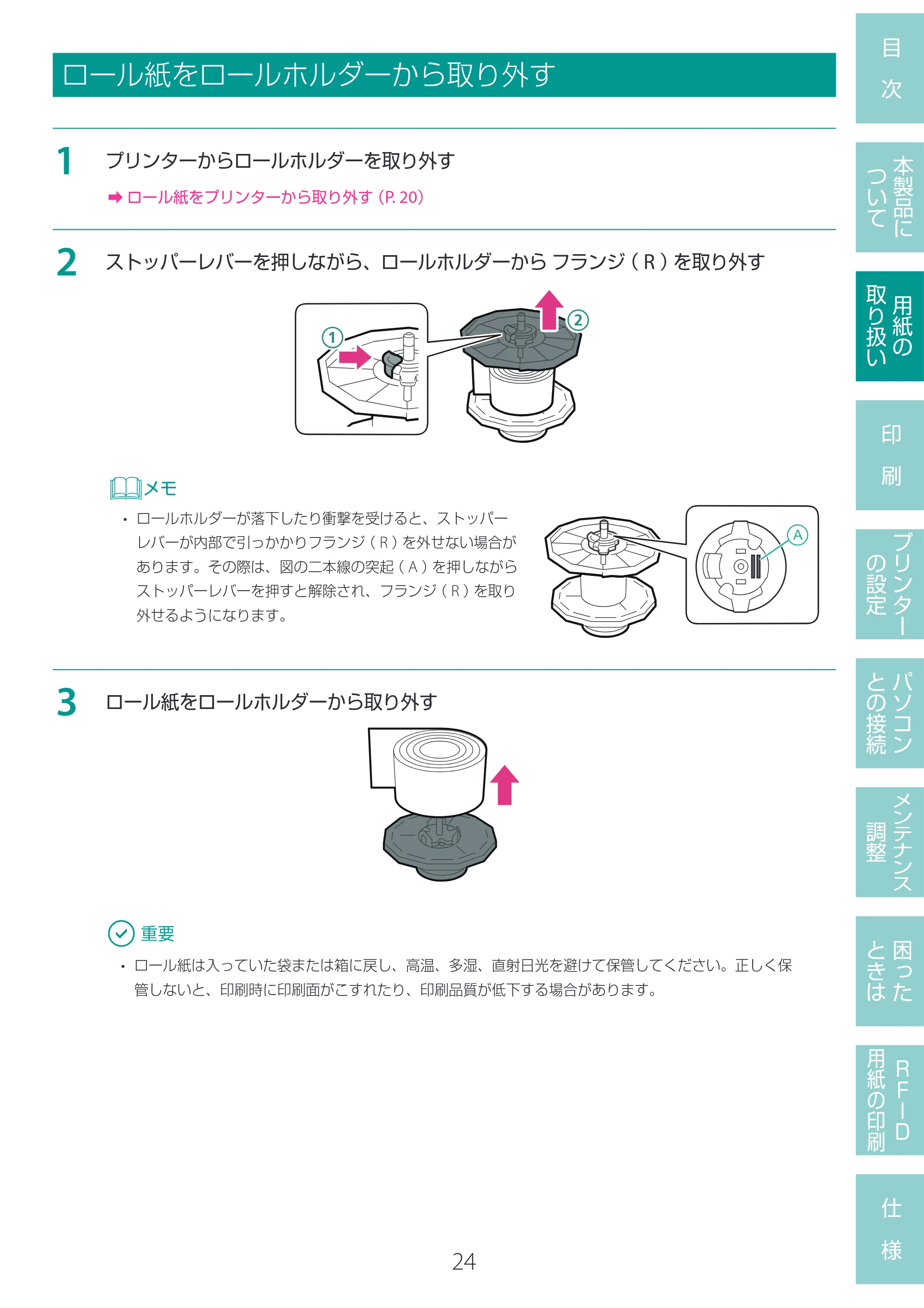 キヤノン LX-D400 LX-D400 ユーザーズガイド 2026年9月17日更新(PDF:14.1MB) — ロール紙をロールホルダーから取り外す — 原本ページ — 28ページ