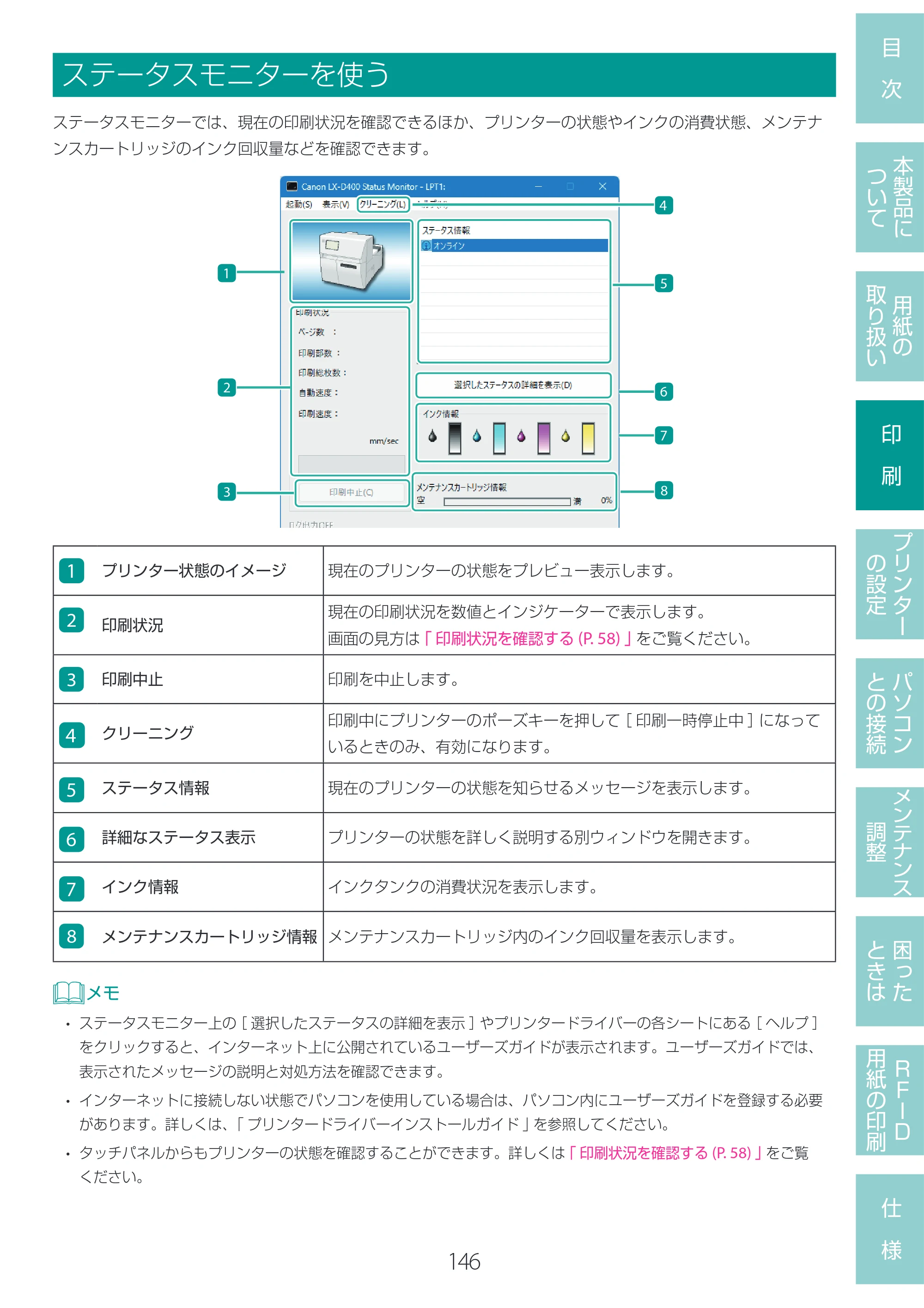キヤノン LX-D400 LX-D400 ユーザーズガイド 2026年9月17日更新（PDF：14.1MB） — ステータスモニターを使う — 原本ページ — 150ページ