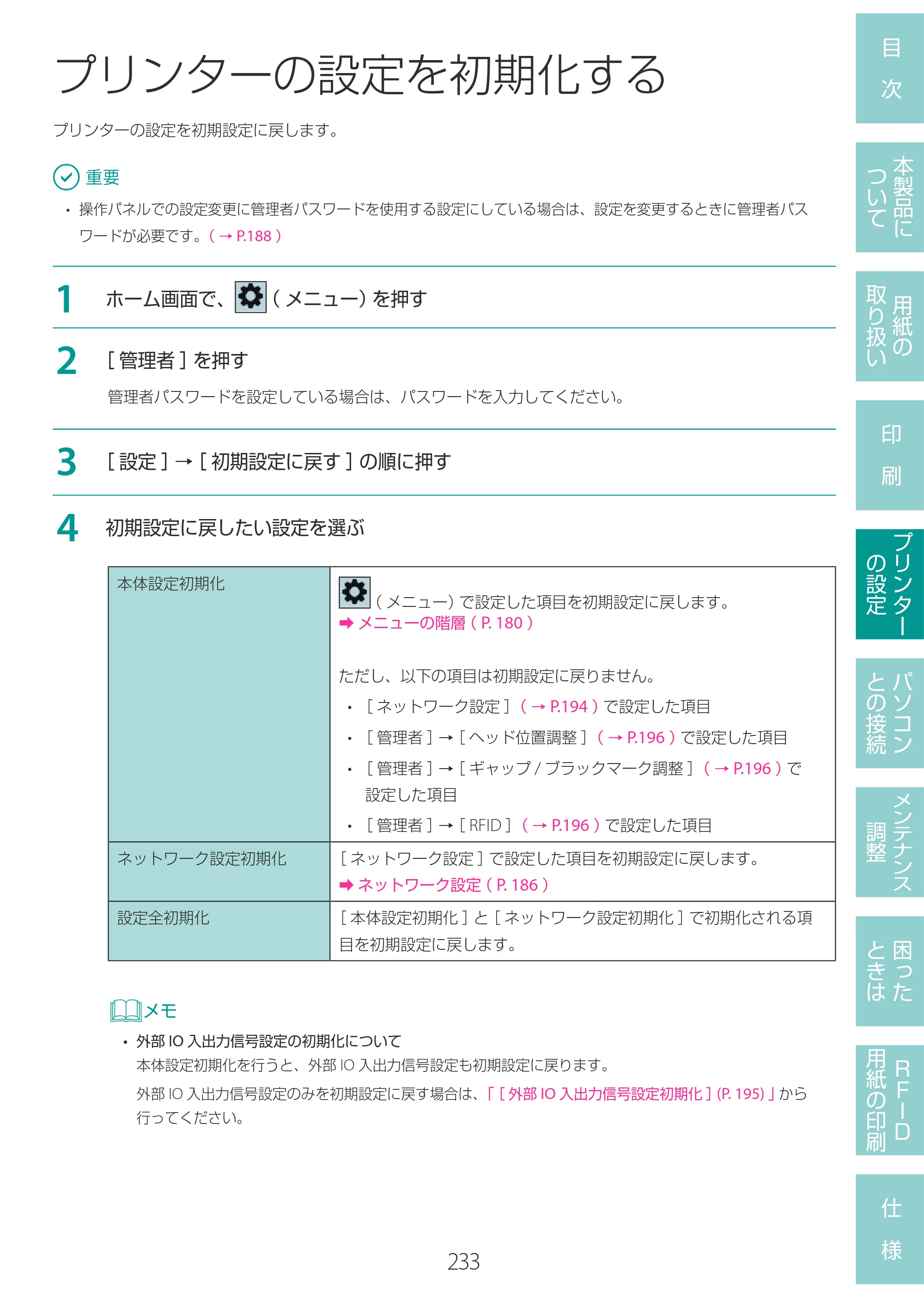キヤノン LX-D400 LX-D400 ユーザーズガイド 2026年9月17日更新（PDF：14.1MB） — プリンターの設定を初期化する — 原本ページ — 237ページ