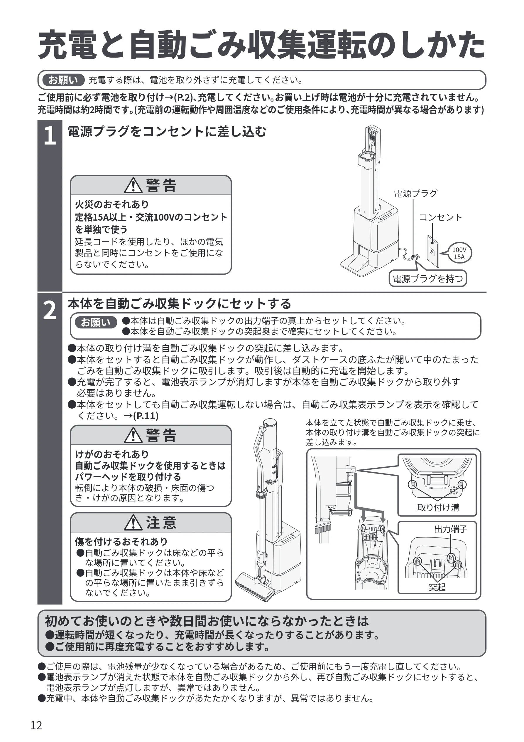 日立 PV-BG1000R 取扱説明書 — 充電と自動ごみ収集運転のしかた — 図版 12-1 — 12ページ