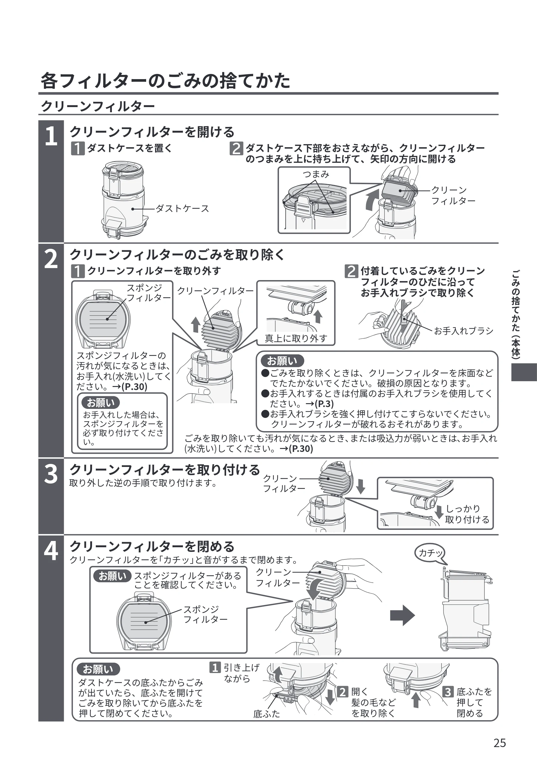 日立 PV-BG1000R 取扱説明書 — 各フィルターのごみの捨てかた — 図版 25-1 — 25ページ