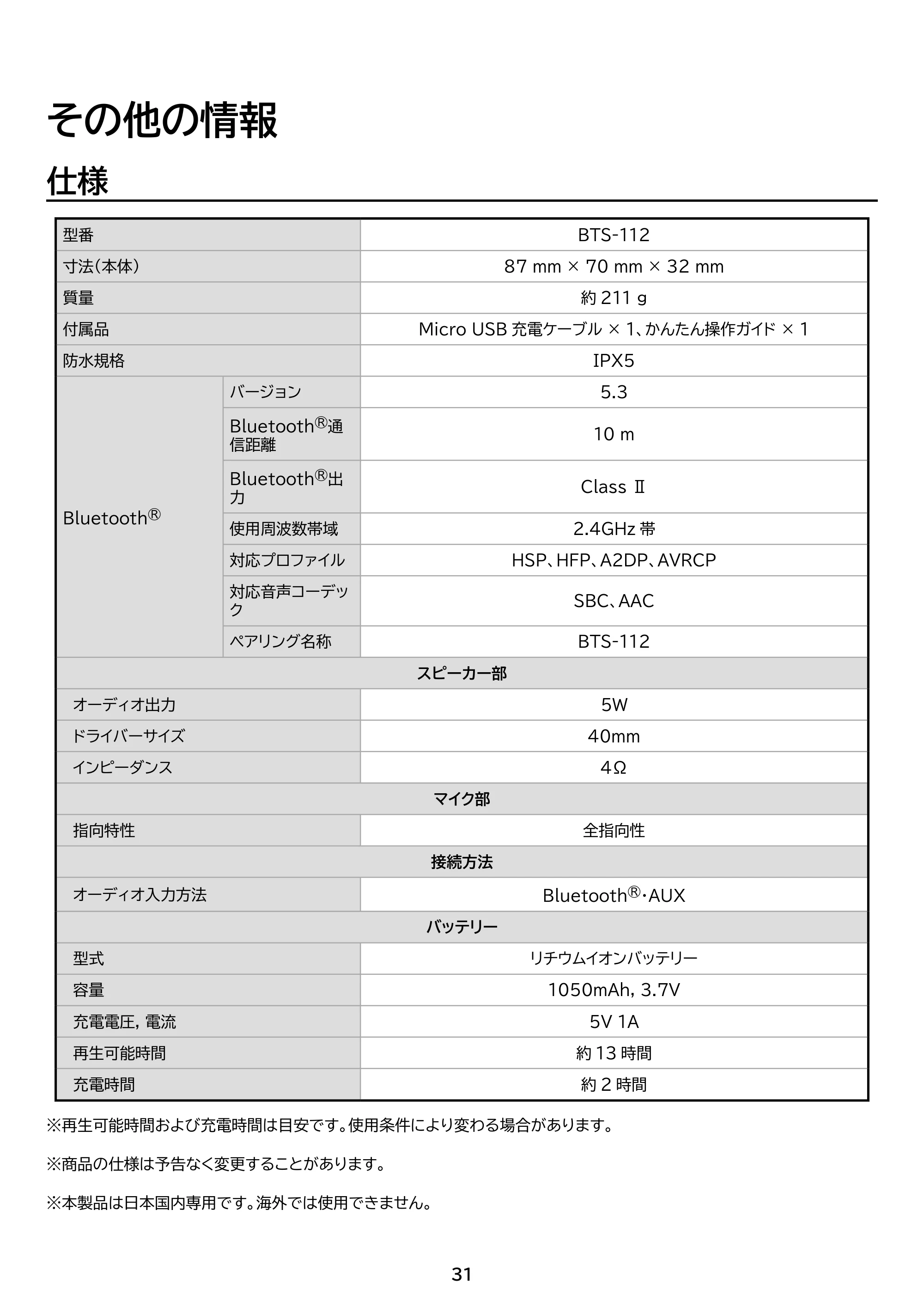 アイリスオーヤマ BTS-112 取扱説明書 — 原本ページ — 31ページ
