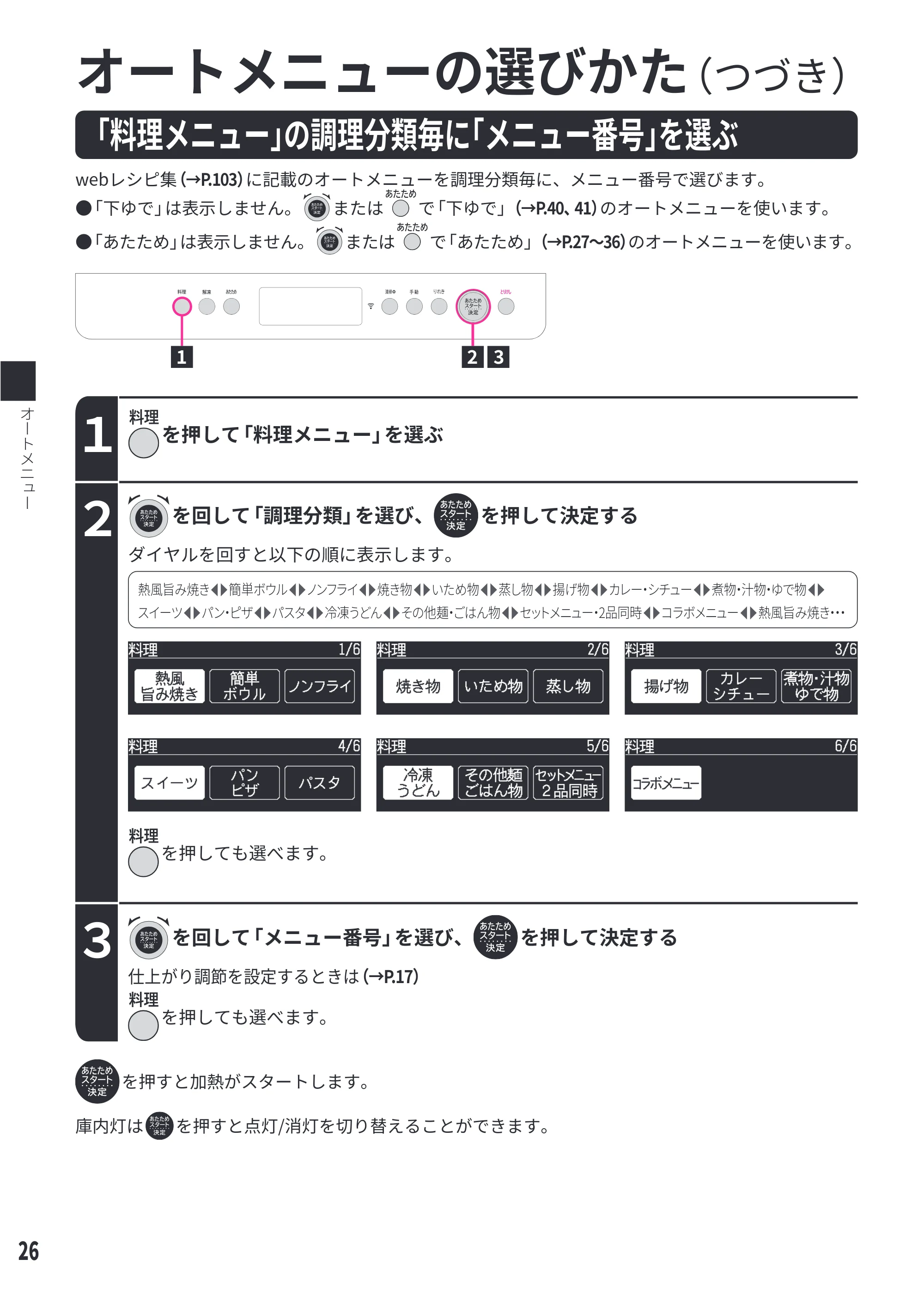 日立 MRO-WEE6 取扱説明書 — 「料理メニュー」の調理分類毎に「メニュー番号」を選ぶ — 原本ページ — 26ページ