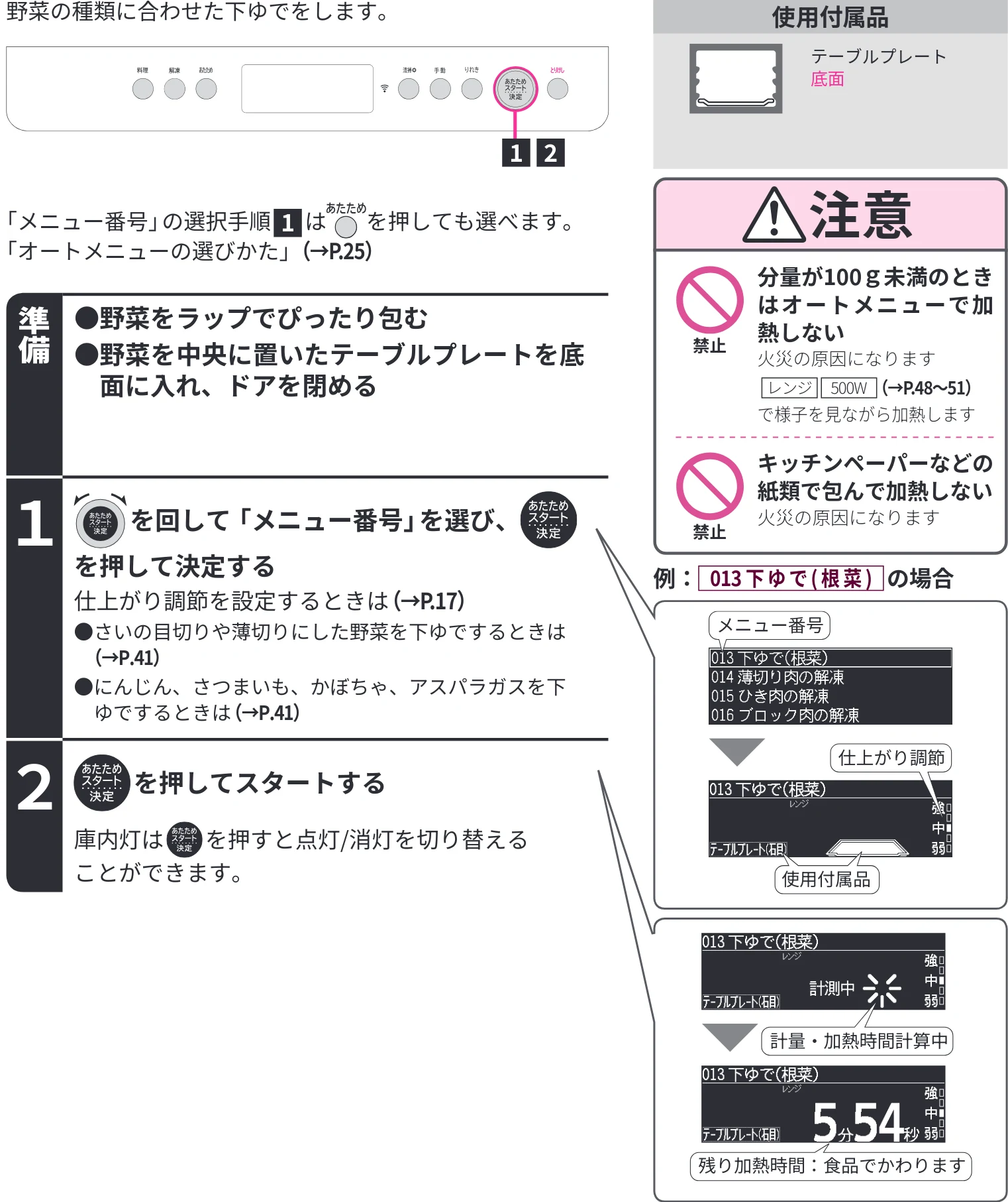日立 MRO-WEE6 取扱説明書 — 野菜の下ゆで[012 下ゆで(葉・果菜)][013 下ゆで(根菜)] — 図版 40-1 — 40ページ