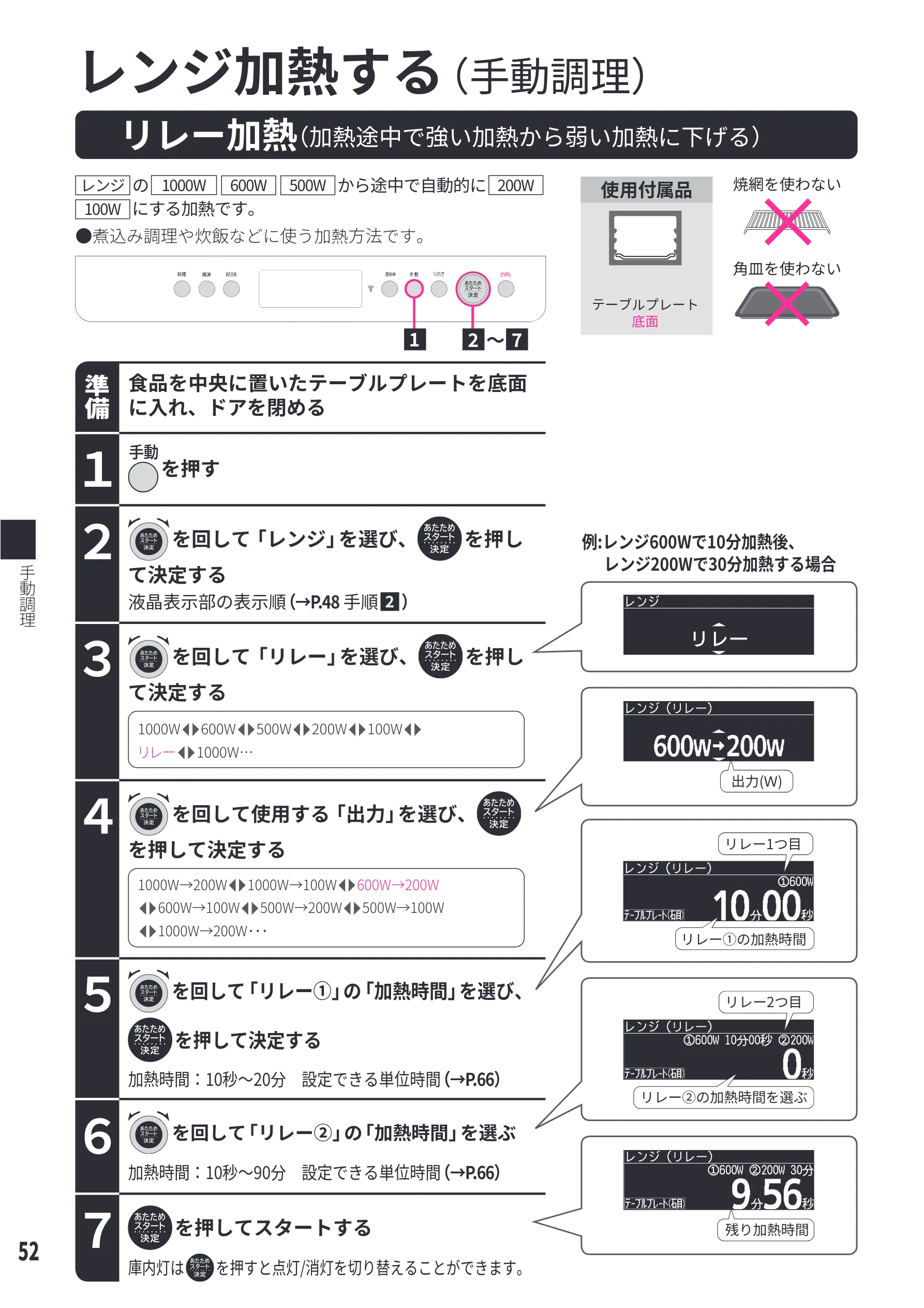 日立 MRO-WEE6 取扱説明書 — リレー加熱(加熱途中で強い加熱から弱い加熱に下げる) — 図版 52-1 — 52ページ
