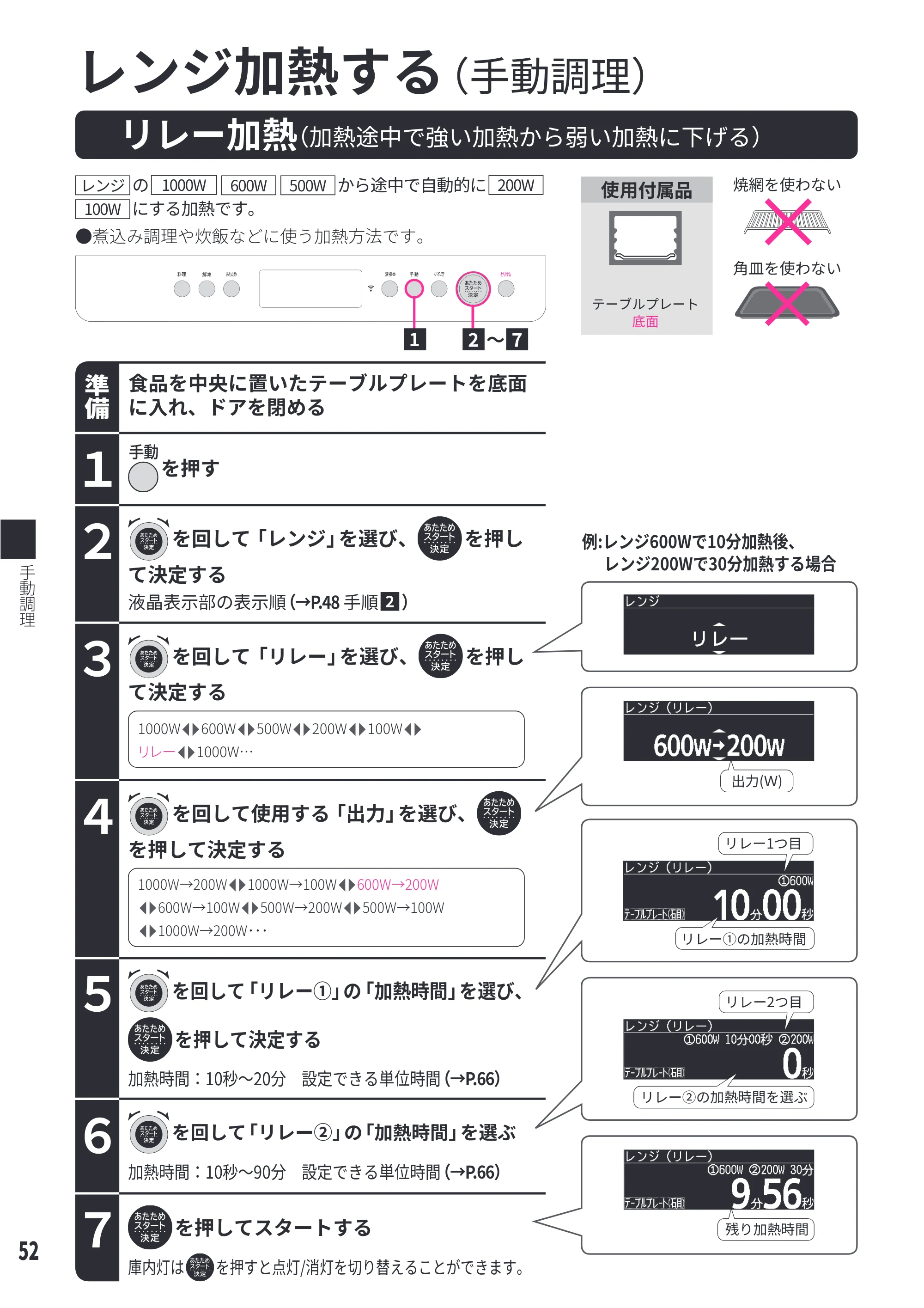 日立 MRO-WEE6 取扱説明書 — リレー加熱(加熱途中で強い加熱から弱い加熱に下げる) — 原本ページ — 52ページ