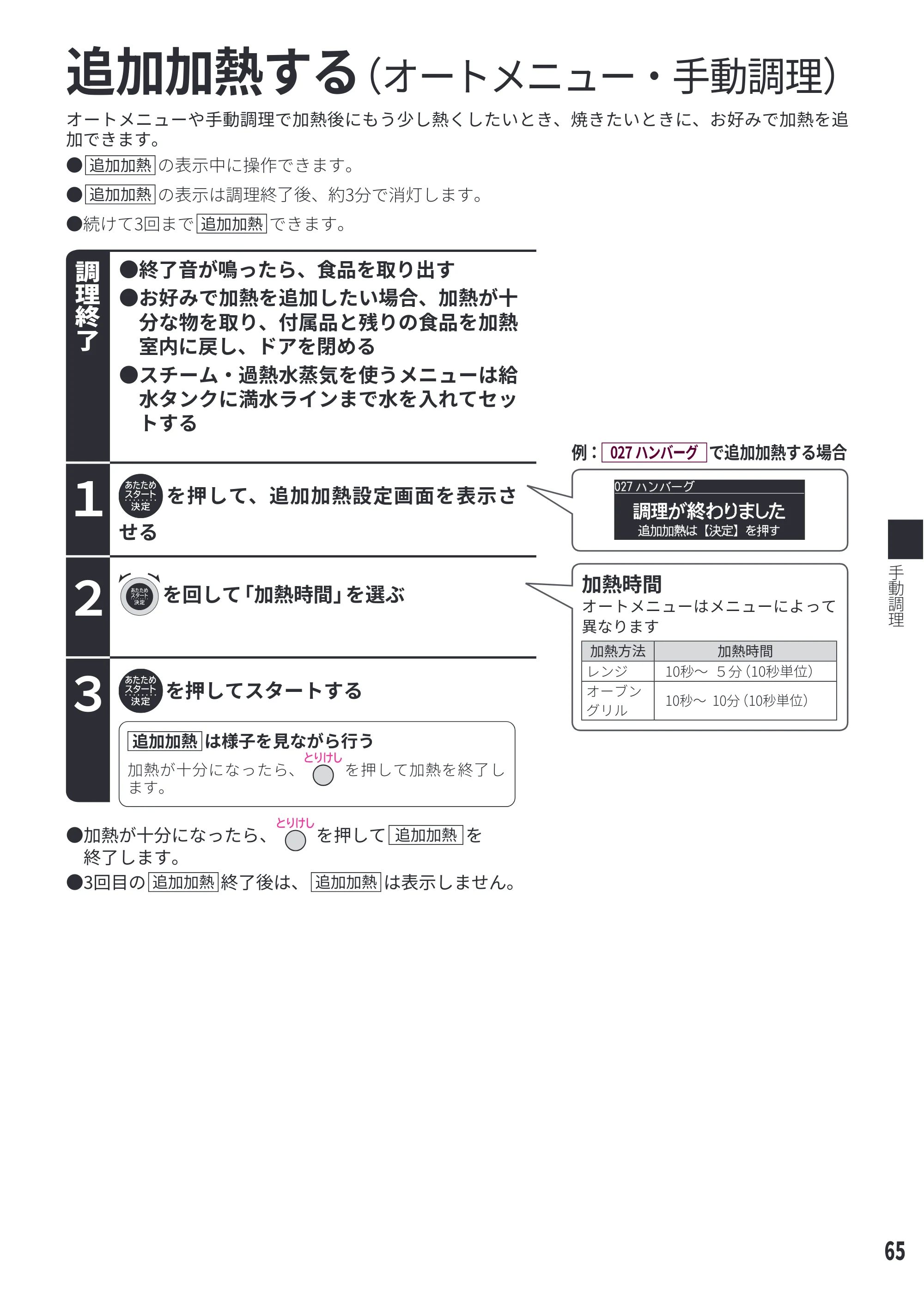 日立 MRO-WEE6 取扱説明書 — 追加加熱する(オートメニュー・手動調理) — 原本ページ — 65ページ