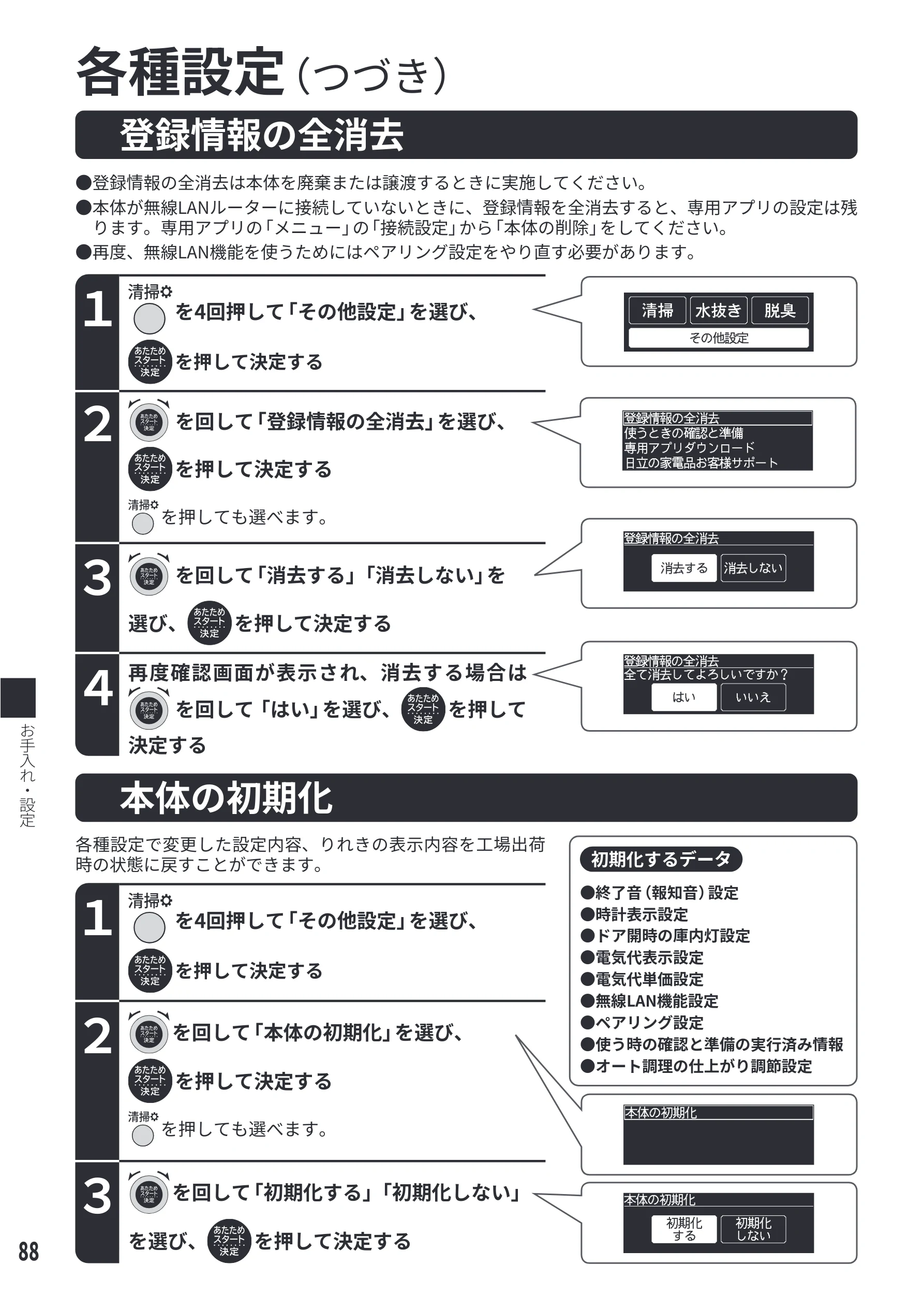 日立 MRO-WEE6 取扱説明書 — 登録情報の全消去／本体の初期化 — 図版 88-1 — 88ページ