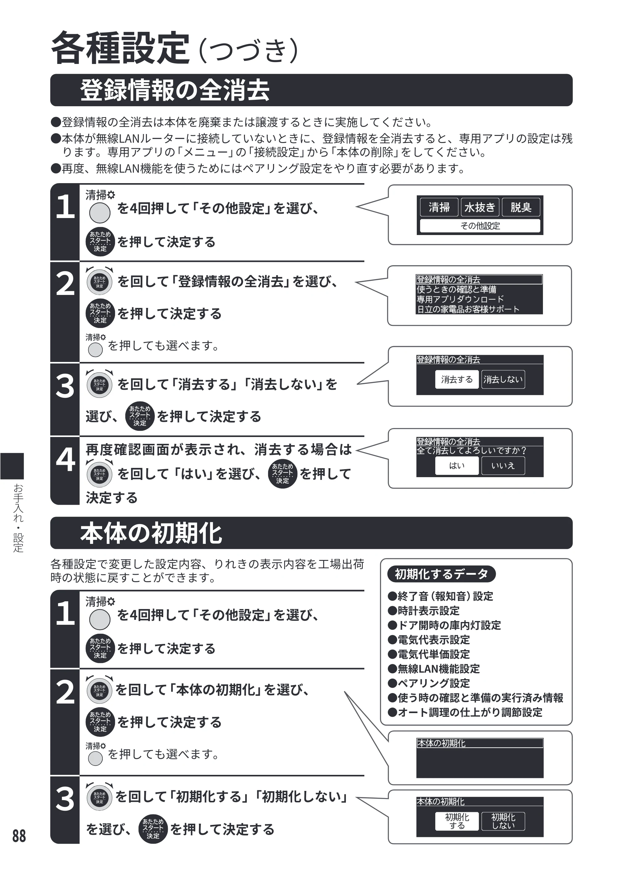 日立 MRO-WEE6 取扱説明書 — 登録情報の全消去／本体の初期化 — 原本ページ — 88ページ