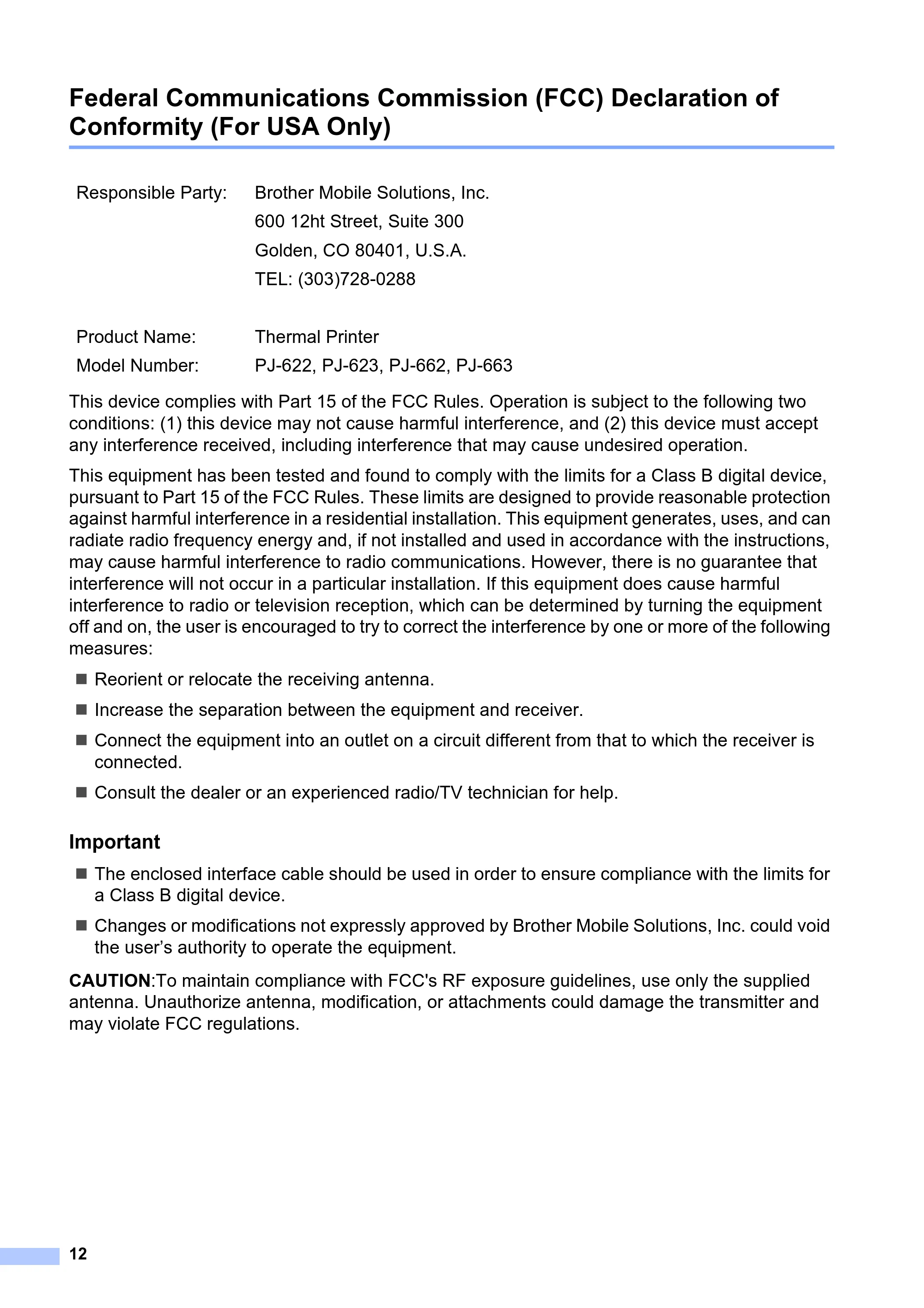 ブラザー PJ-623 / PJ-663 安全にお使いいただくために — Federal Communications Commission (FCC) Declaration of Conformity (For USA Only) — 原本ページ — 13ページ