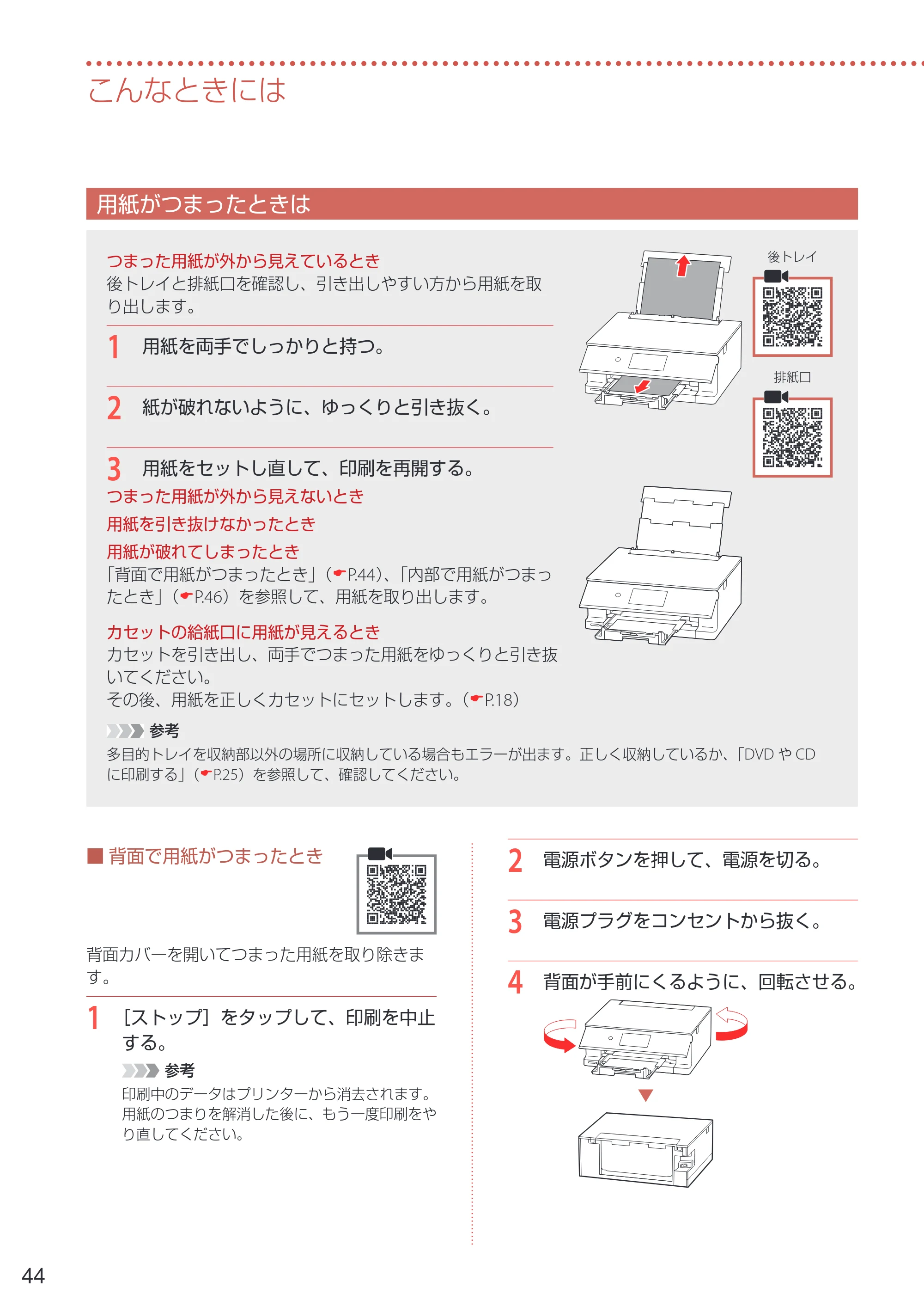 キヤノン PIXUS TS8530 設置・基本操作マニュアル 2021年10月27日掲載（PDF：7.76MB） — 用紙がつまったときは — 原本ページ — 46ページ