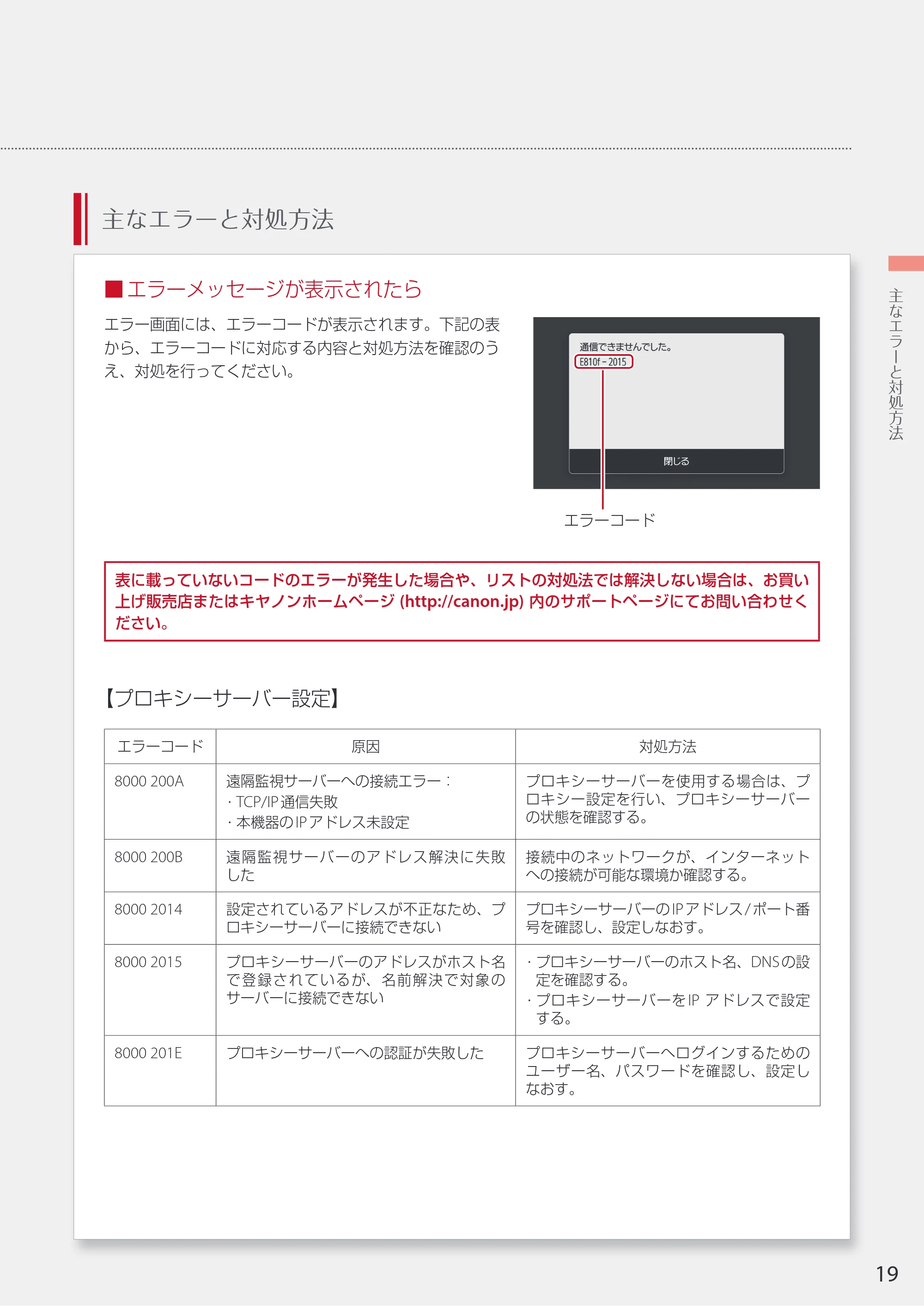 キヤノン WG7350F/7350FM WG7300 series ネットワーク・遠隔監視サービス接続マニュアル 2019年4月11日更新(PDF:2.30MB) — 主なエラーと対処方法 — 原本ページ — 19ページ