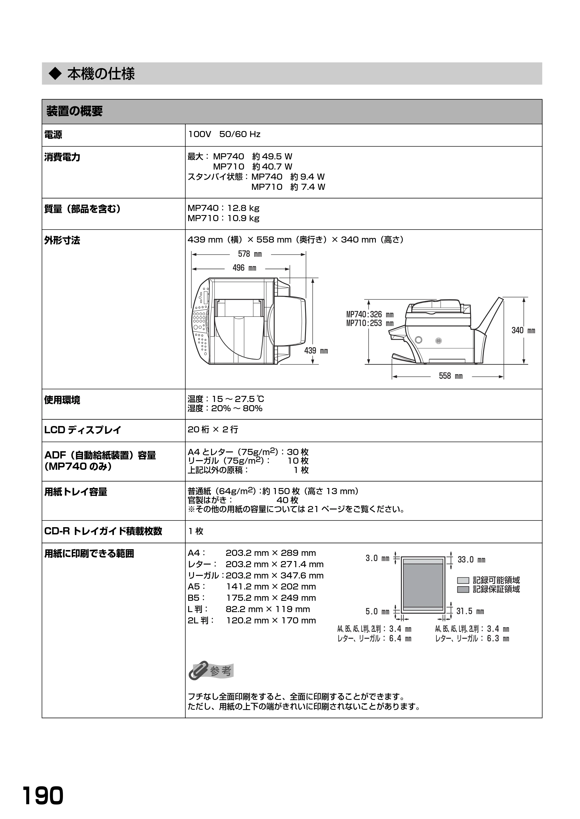 キヤノン PIXUS MP740/MP710 基本操作ガイド （PDF形式／7.84Mバイト） — ◆ 本機の仕様 — 原本ページ — 192ページ
