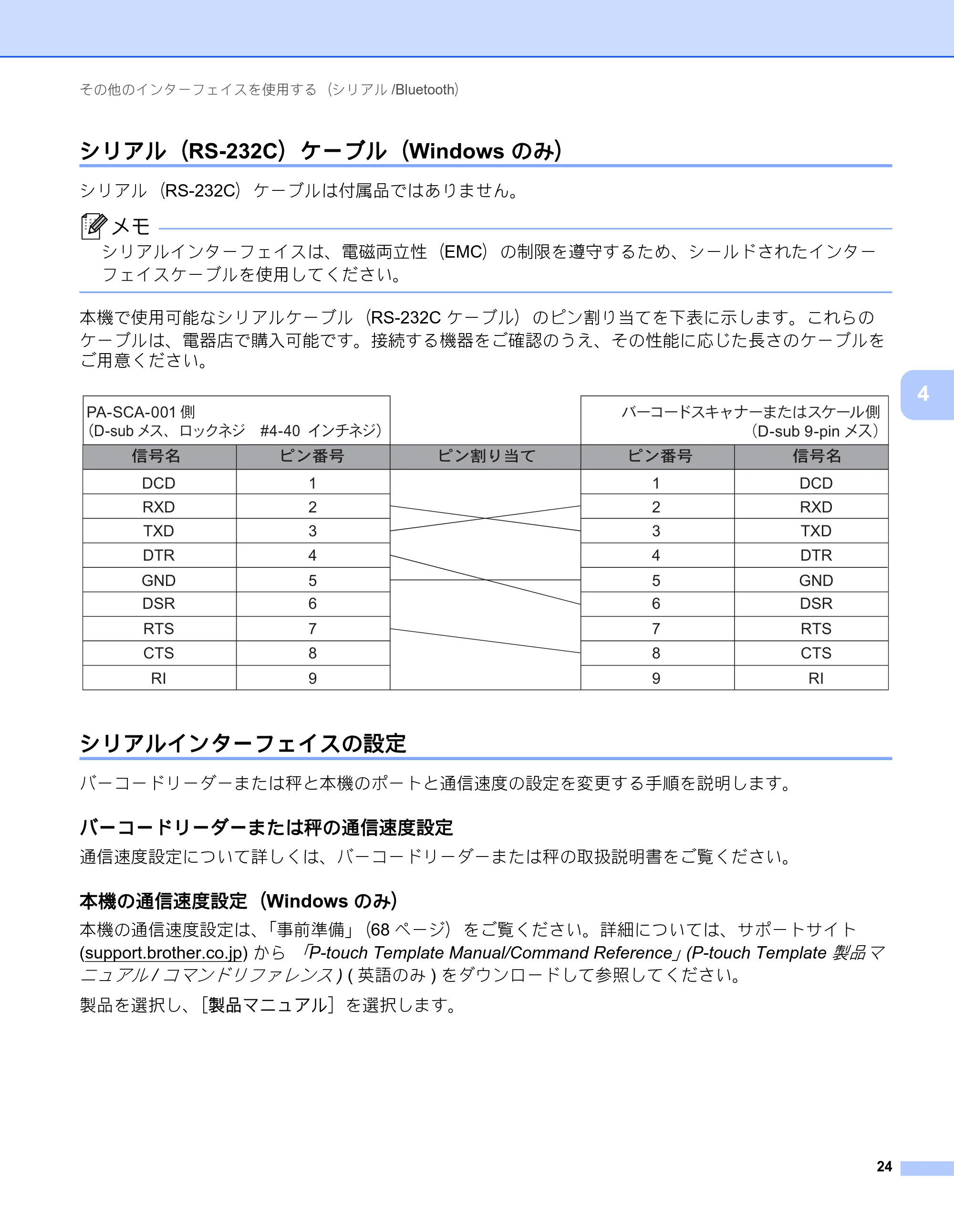 ブラザー PT-P900W / PT-P950NW ユーザーズガイド — シリアル（RS-232C）ケーブル（Windows のみ） — 原本ページ — 34ページ