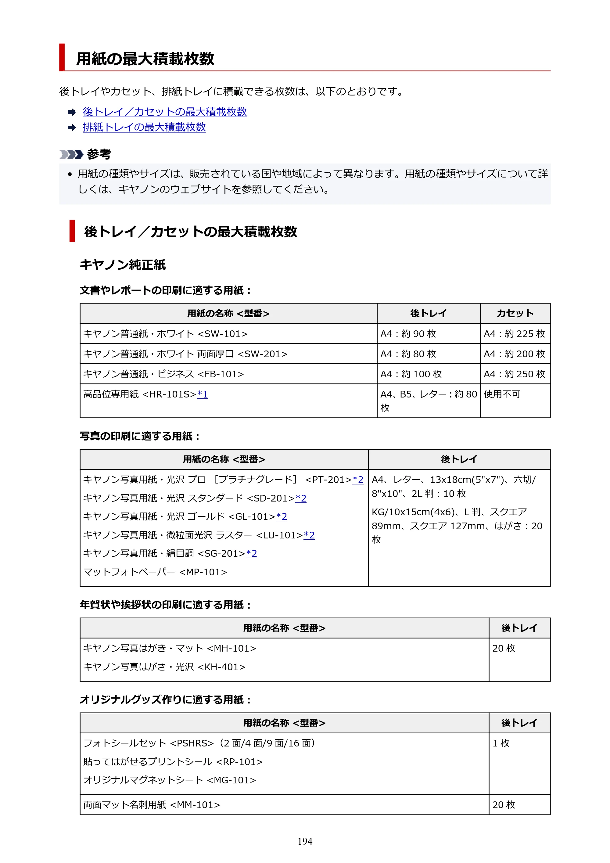 キヤノン TR703/TR703a 電子マニュアル PDF版 （Mac版）（PDF：10.6MB） — 用紙の最大積載枚数 — 原本ページ — 194ページ