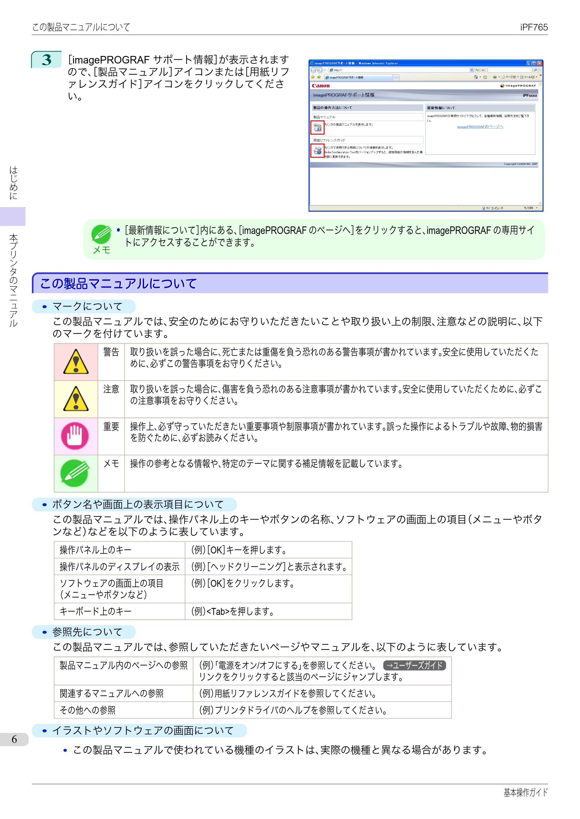 キヤノン iPF760/765 基本操作ガイド （PDF形式／11.28Mバイト） — この製品マニュアルについて — 原本ページ — 6ページ