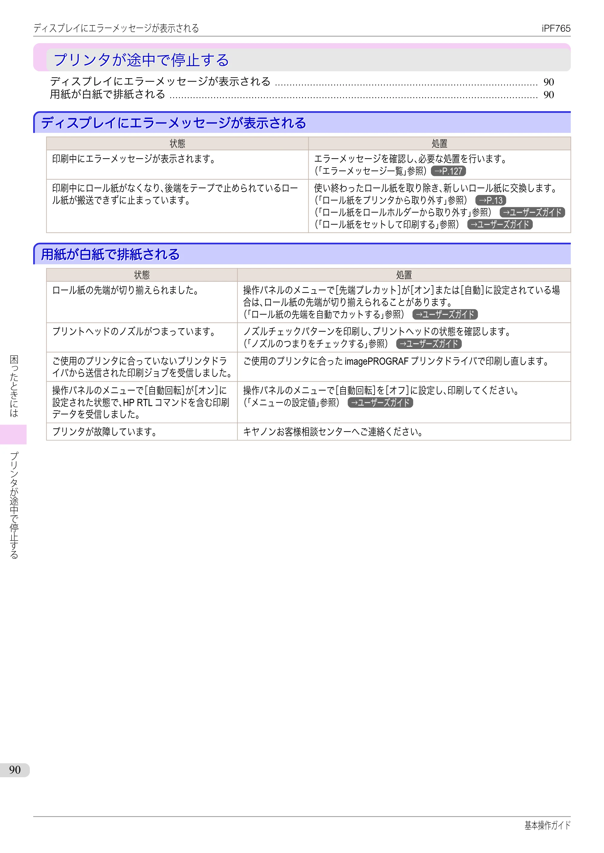 キヤノン iPF760/765 基本操作ガイド （PDF形式／11.28Mバイト） — プリンタが途中で停止する — 原本ページ — 90ページ
