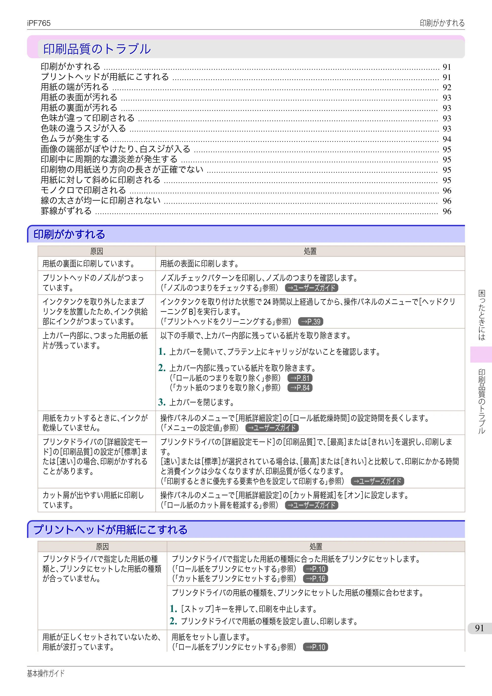 キヤノン iPF760/765 基本操作ガイド （PDF形式／11.28Mバイト） — 印刷品質のトラブル — 原本ページ — 91ページ