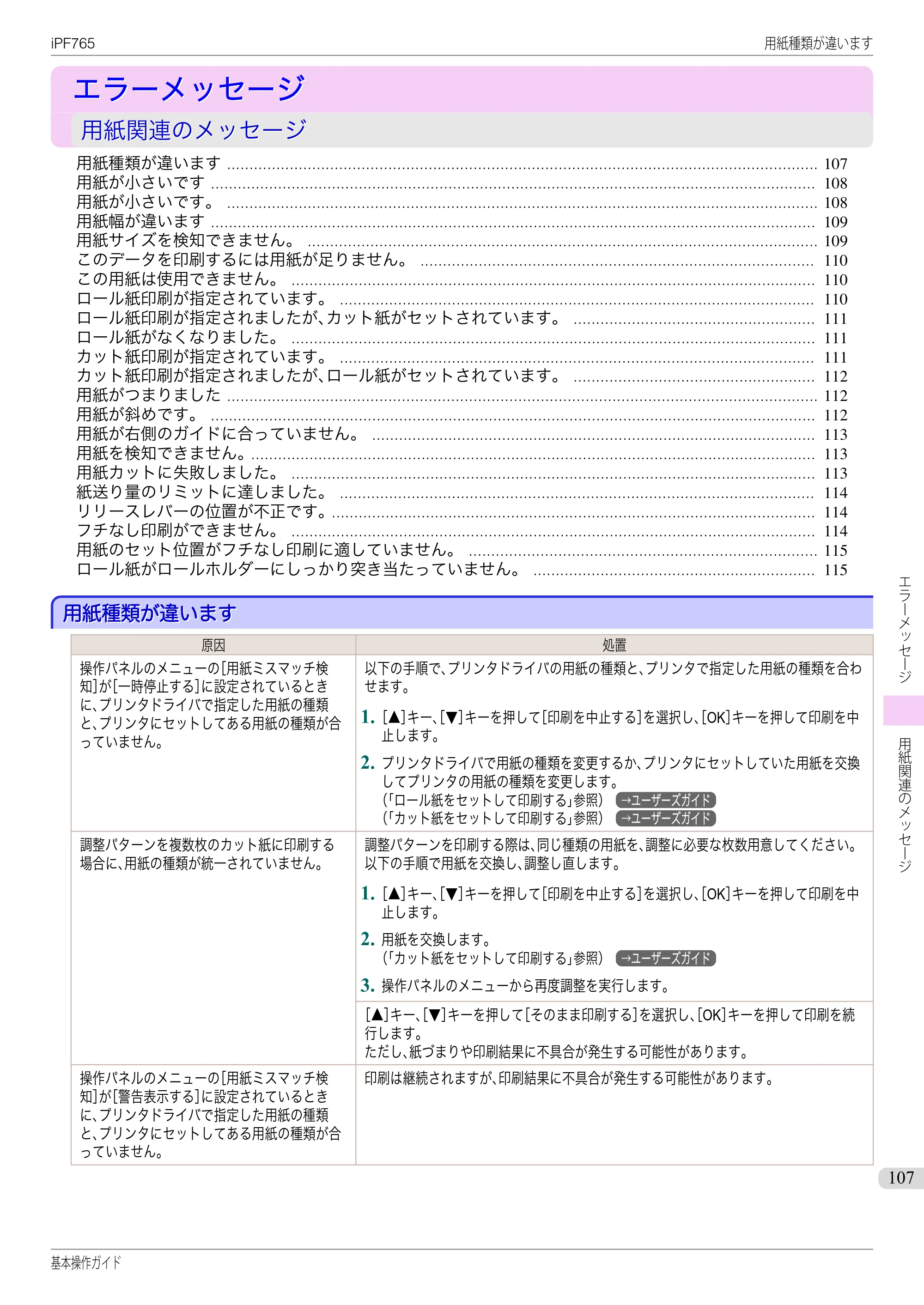 キヤノン iPF760/765 基本操作ガイド （PDF形式／11.28Mバイト） — エラーメッセージ — 原本ページ — 107ページ