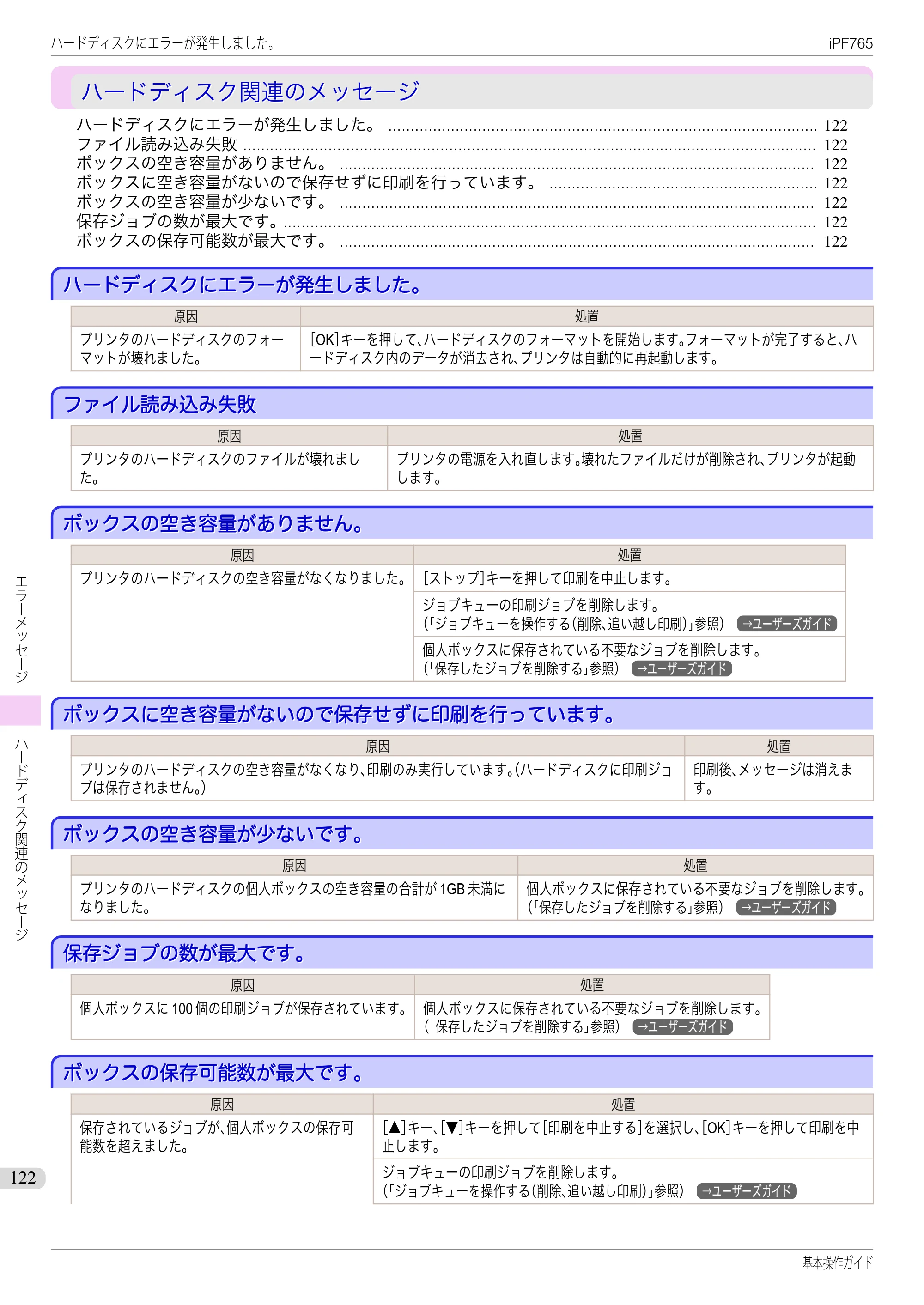 キヤノン iPF760/765 基本操作ガイド （PDF形式／11.28Mバイト） — ハードディスク関連のメッセージ — 原本ページ — 122ページ