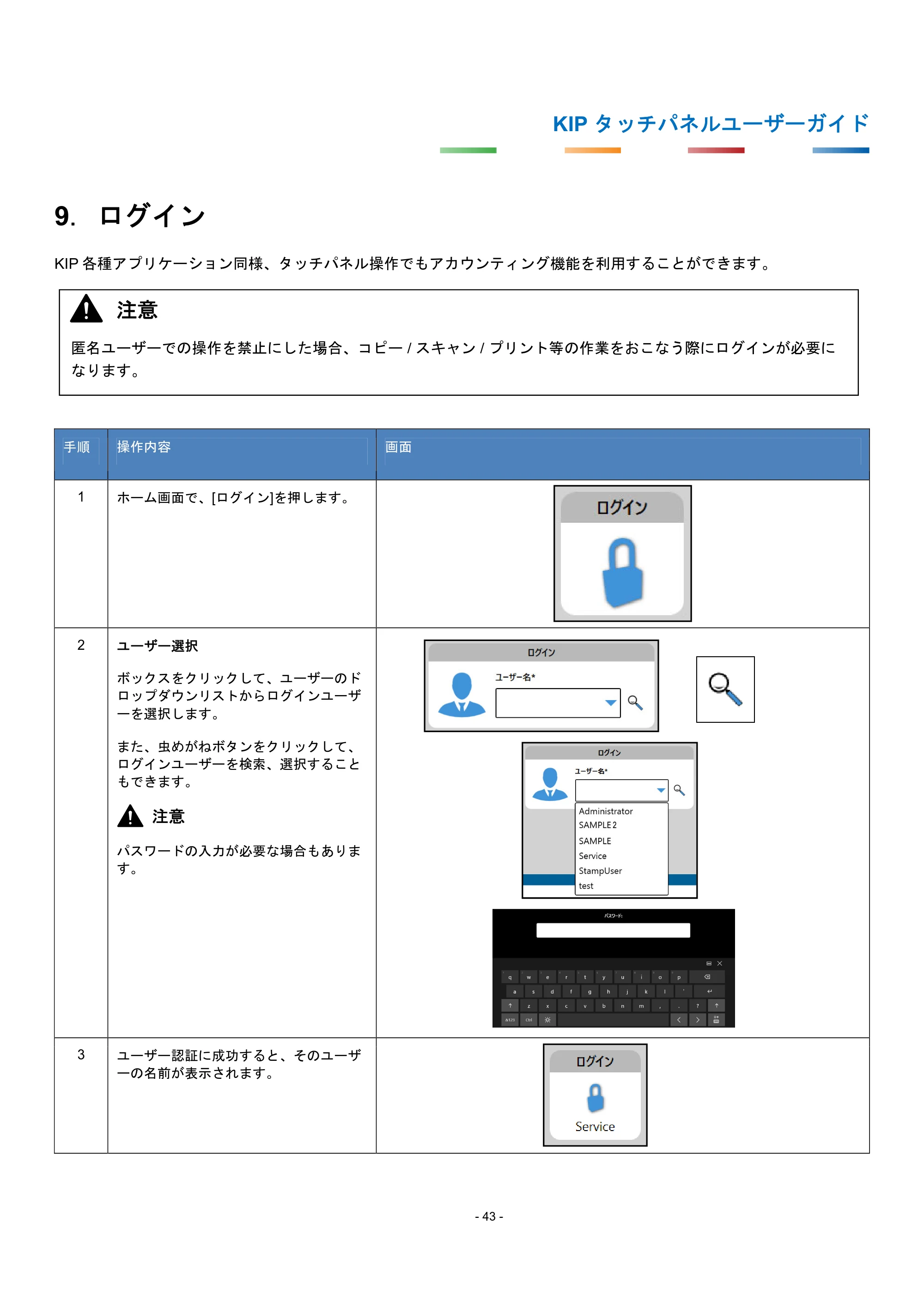 京セラ KIP 7170G KIP タッチパネル操作ガイド — 9. ログイン — 原本ページ — 46ページ
