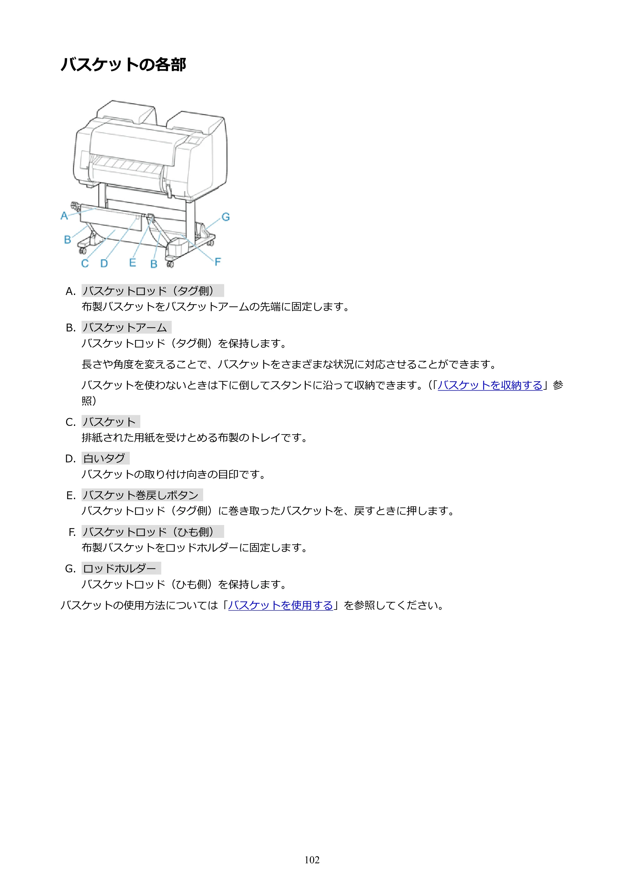 キヤノン PRO-2000 imagePROGRAF PRO-2000 （PDF） 電子マニュアル （Mac版） 2021年7月1日掲載（PDF：14.2MB） — バスケットの各部 — 原本ページ — 102ページ