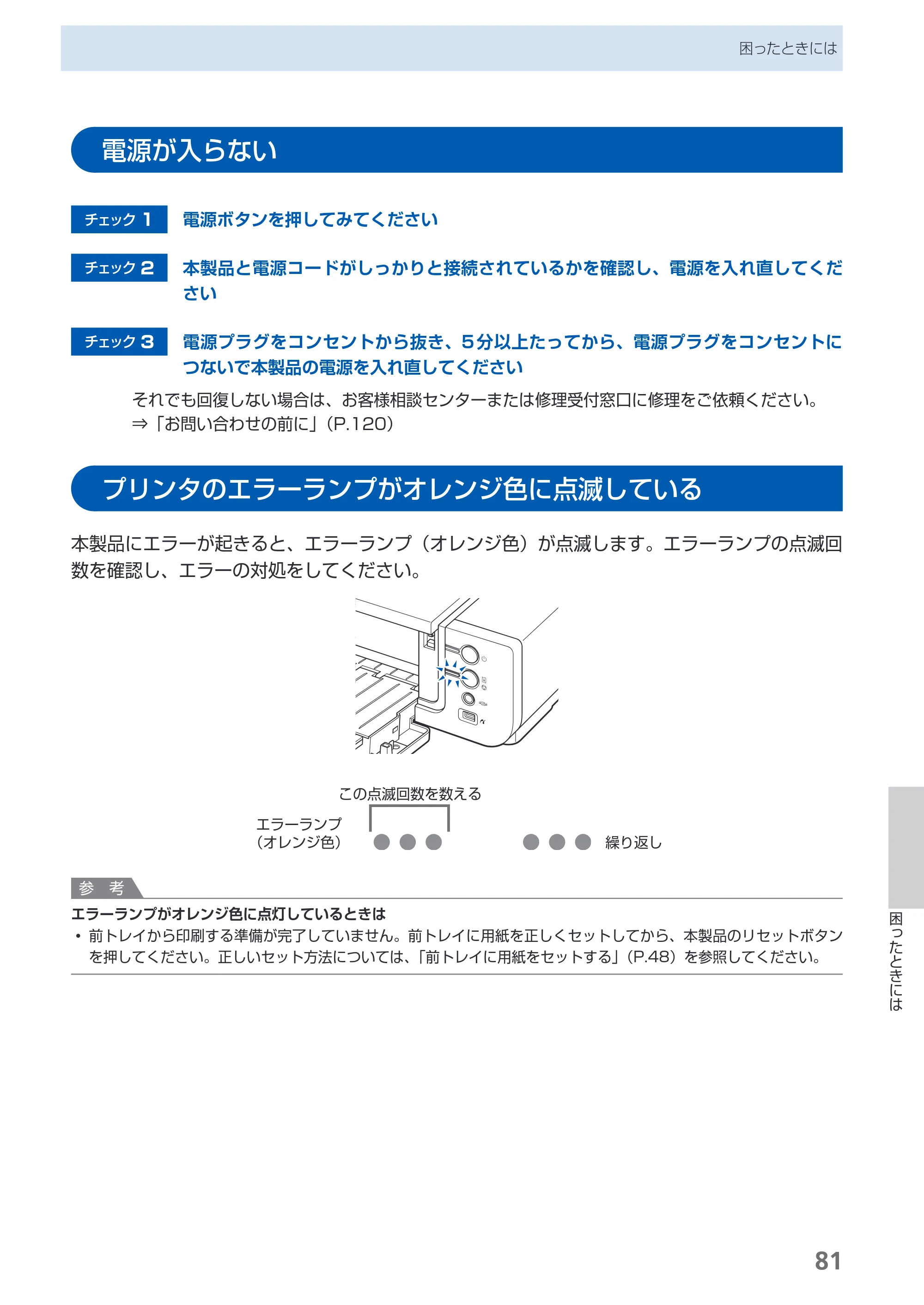 キヤノン PIXUS Pro9000 Mark II 基本操作ガイド （PDF形式／15.21Mバイト） — プリンタのエラーランプがオレンジ色に点滅している — 原本ページ — 83ページ