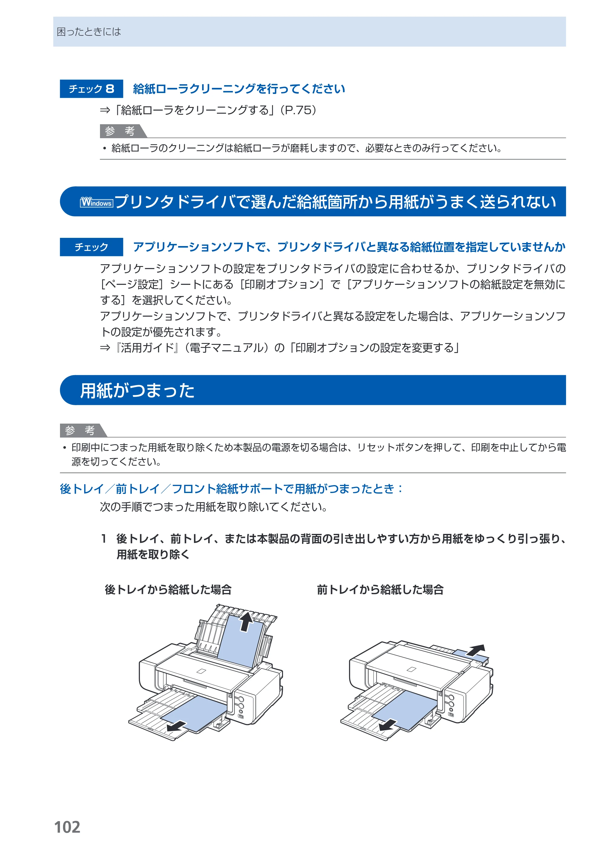 キヤノン PIXUS Pro9000 Mark II 基本操作ガイド （PDF形式／15.21Mバイト） — プリンタドライバで選んだ給紙箇所から用紙がうまく送られない — 原本ページ — 104ページ