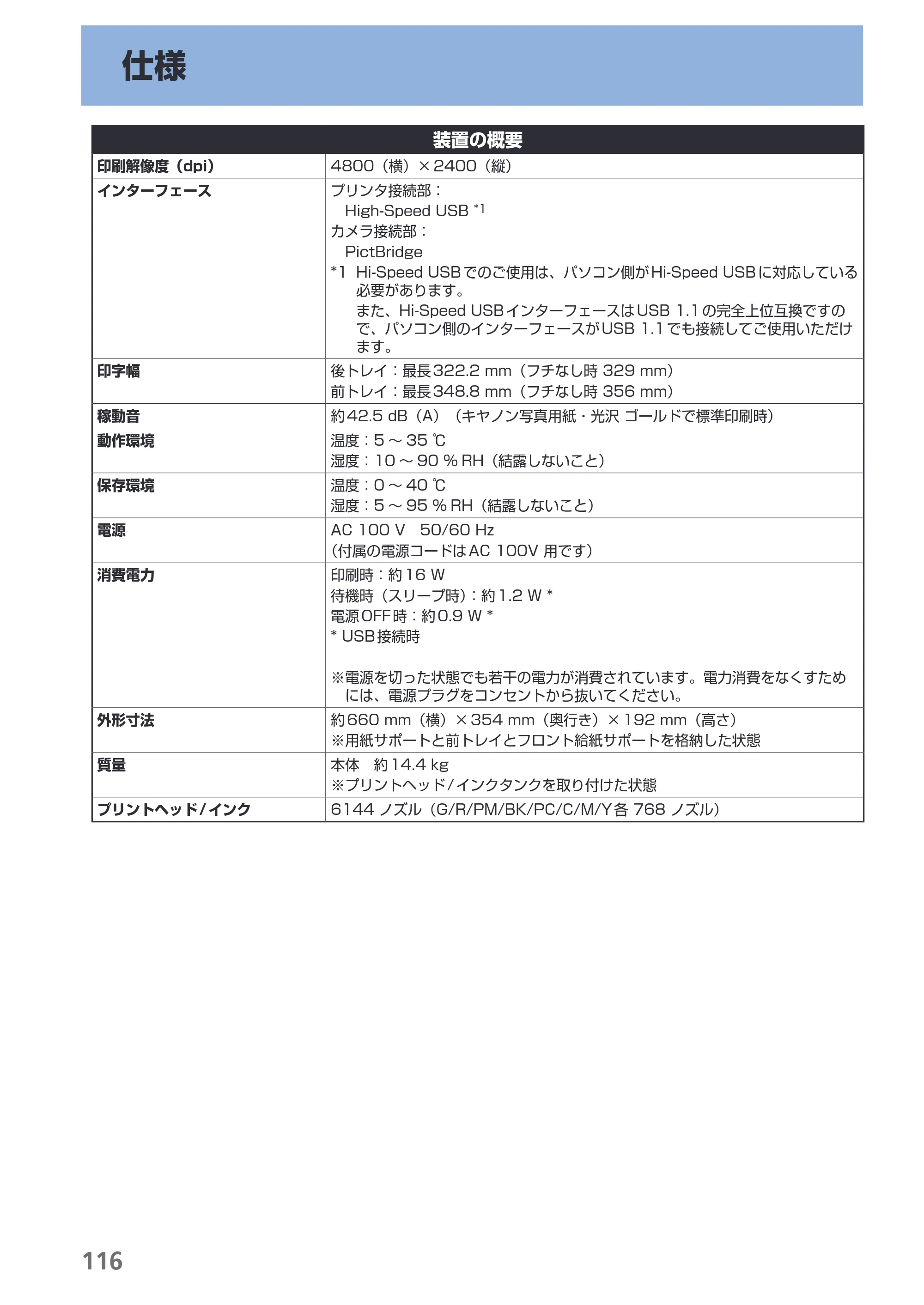 キヤノン PIXUS Pro9000 Mark II 基本操作ガイド （PDF形式／15.21Mバイト） — 仕様 — 原本ページ — 118ページ