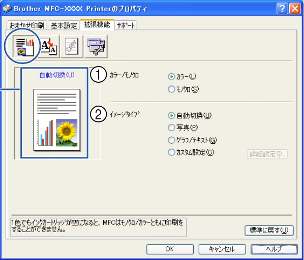 ブラザー DCP-115C / MFC-425CN / MFC-615CL ユーザーズガイド ~パソコン活用編~ — 「拡張機能」タブの設定 — 図版 19-1 — 19ページ
