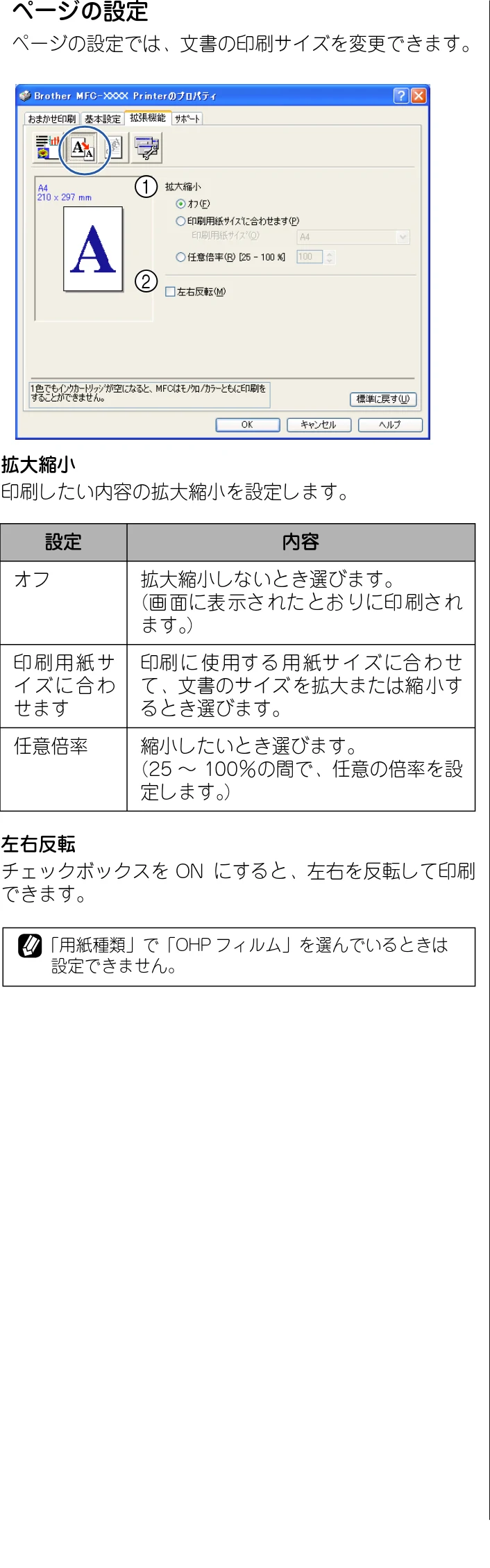 ブラザー DCP-115C / MFC-425CN / MFC-615CL ユーザーズガイド ~パソコン活用編~ — ページの設定では、文書の印刷サイズを変更できます。 — 図版 20-1 — 20ページ