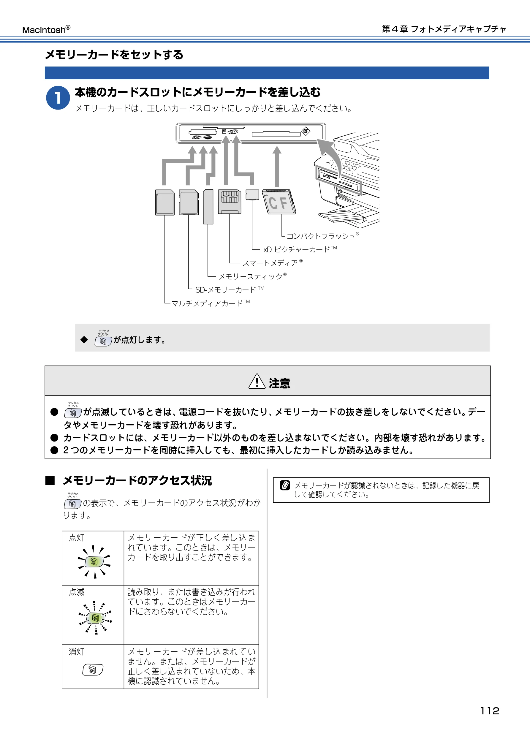 ブラザー DCP-115C / MFC-425CN / MFC-615CL ユーザーズガイド ~パソコン活用編~ — メモリーカードをセットする — 図版 113-1 — 113ページ
