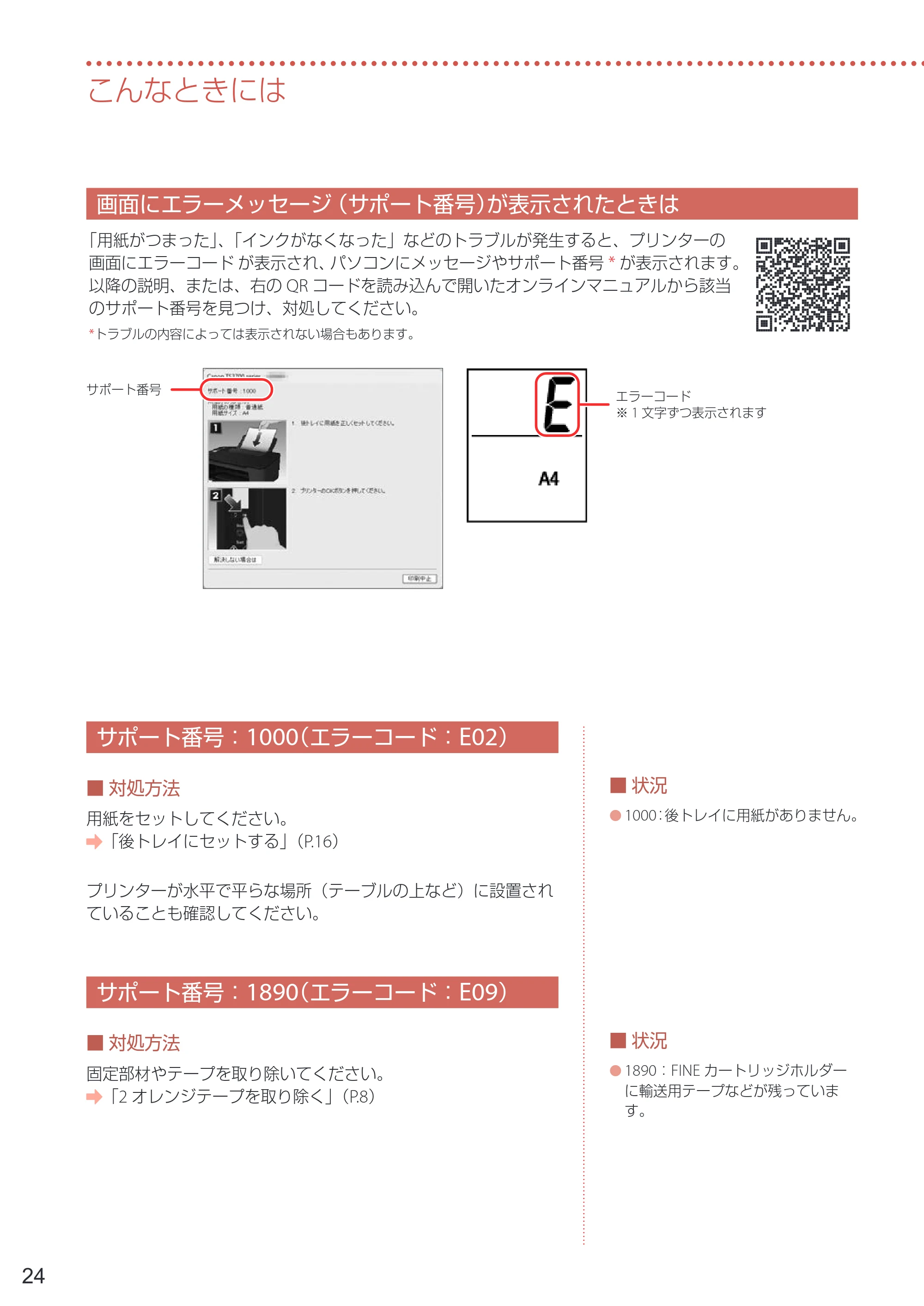 キヤノン PIXUS TS3730 設置・基本操作マニュアル 2025年5月8日掲載（PDF：4.5MB） — 画面にエラーメッセージ（サポート番号）が表示されたときは — 原本ページ — 26ページ