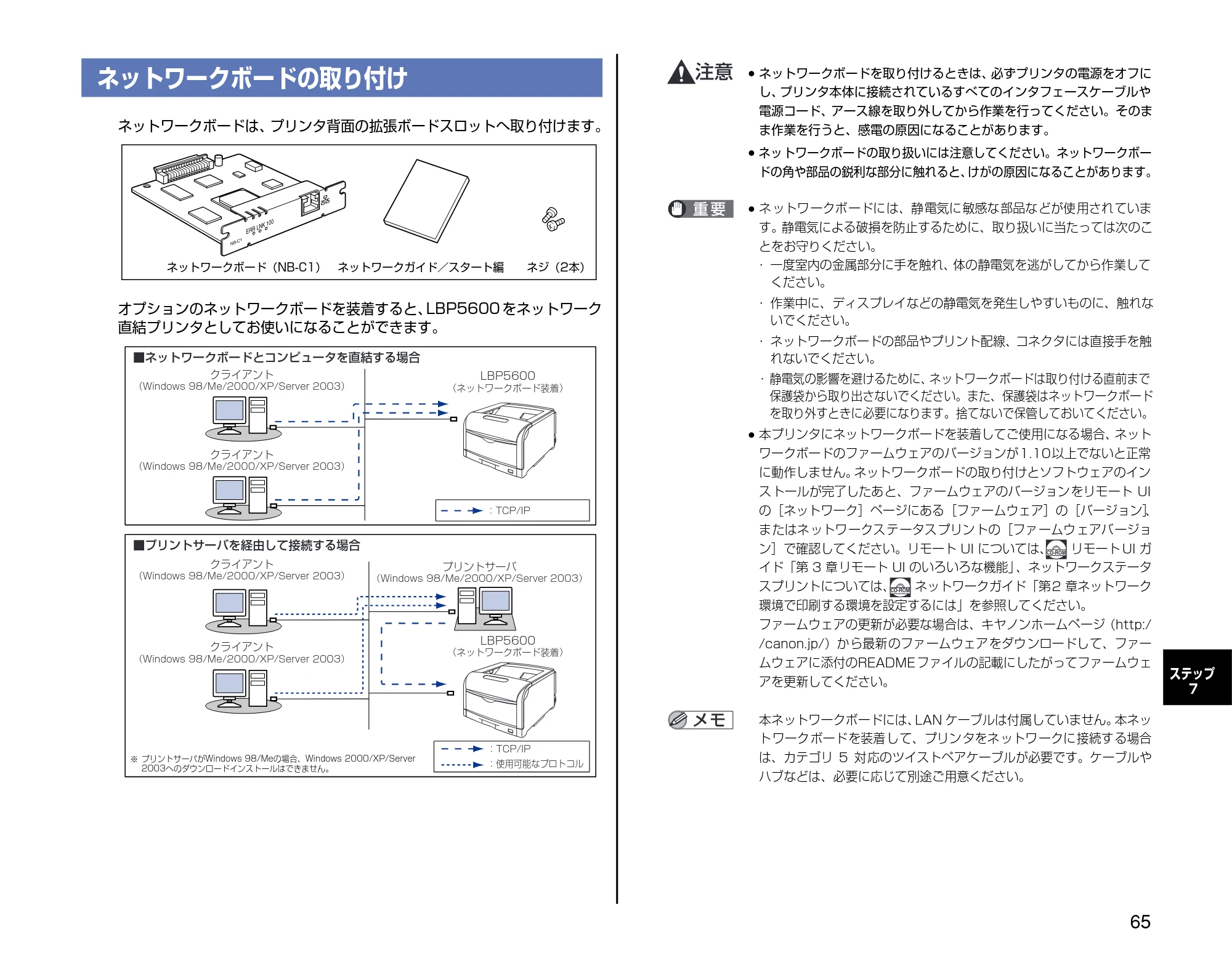 キヤノン LBP5600 設置時にお読みください 2006年8月29日更新 （PDF形式／4.83Mバイト） — ネットワークボードの取り付け — 原本ページ — 65ページ