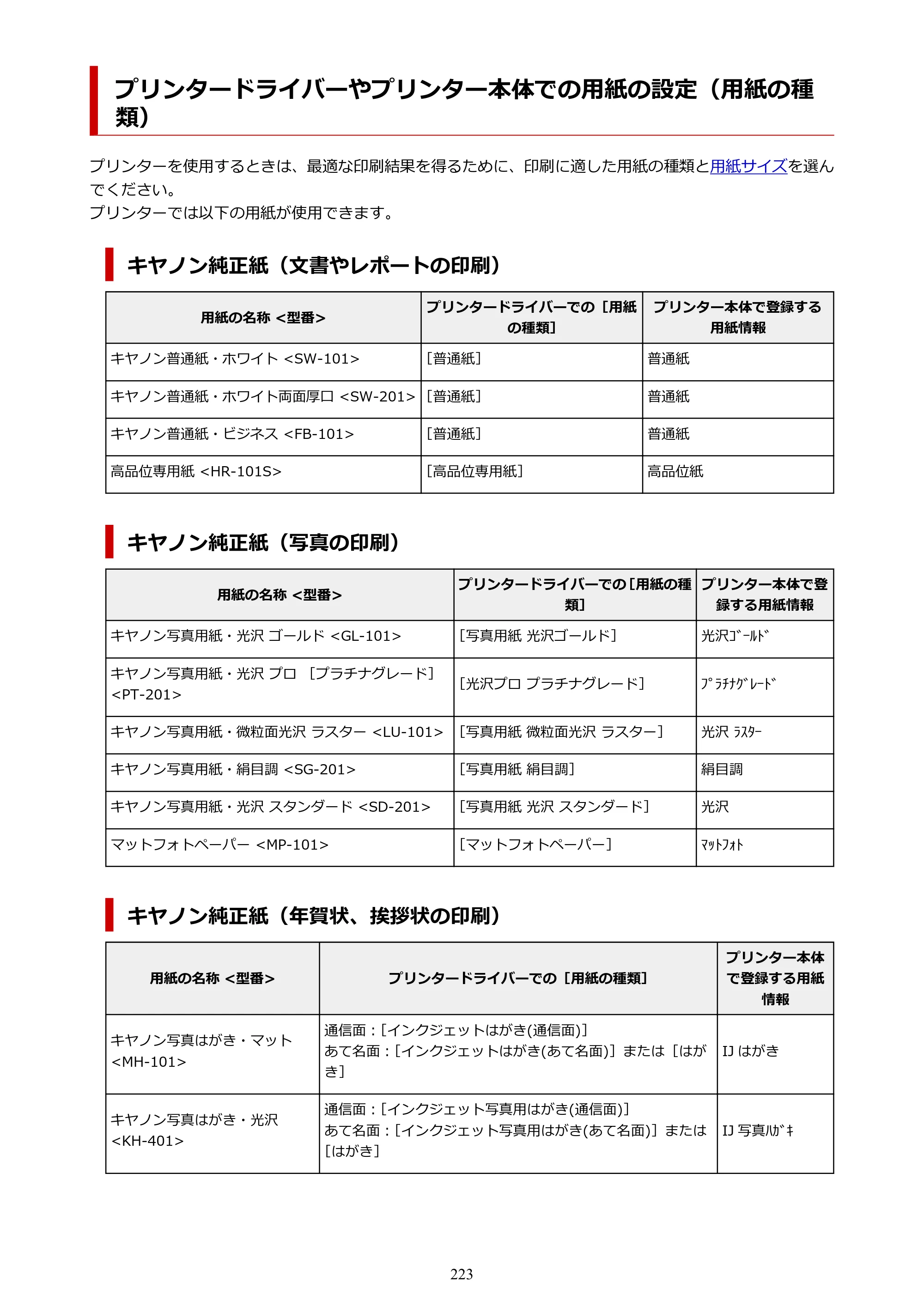 キヤノン TR703/TR703a 電子マニュアル PDF版 （Windows版）（PDF：11.8MB） — プリンタードライバーやプリンター本体での用紙の設定（用紙の種類） — 原本ページ — 223ページ