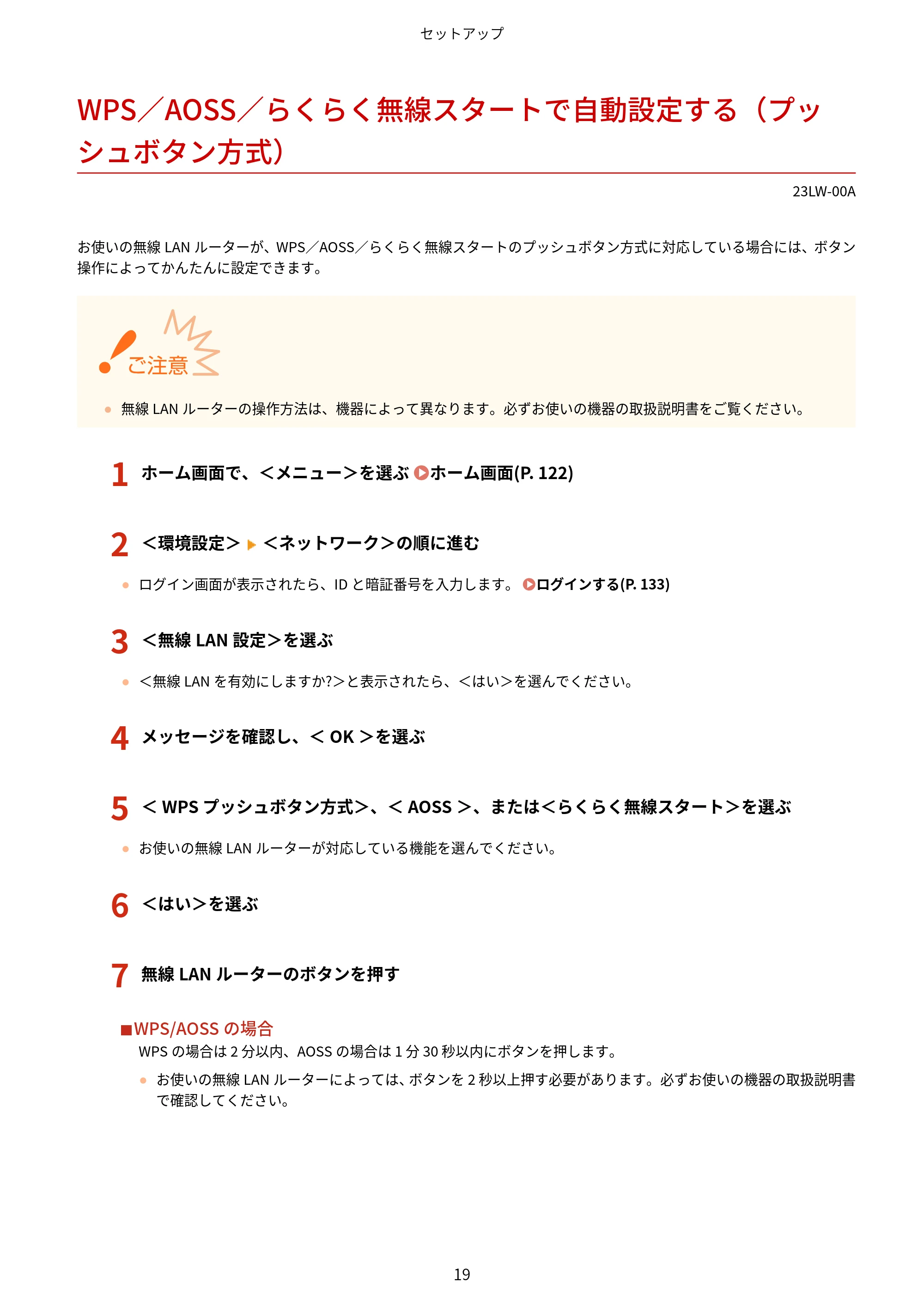 キヤノン MF521dw ユーザーズガイド 2023年8月24日更新（PDF：6.71MB） — WPS／AOSS／らくらく無線スタートで自動設定する（プッシュボタン方式） — 原本ページ — 27ページ