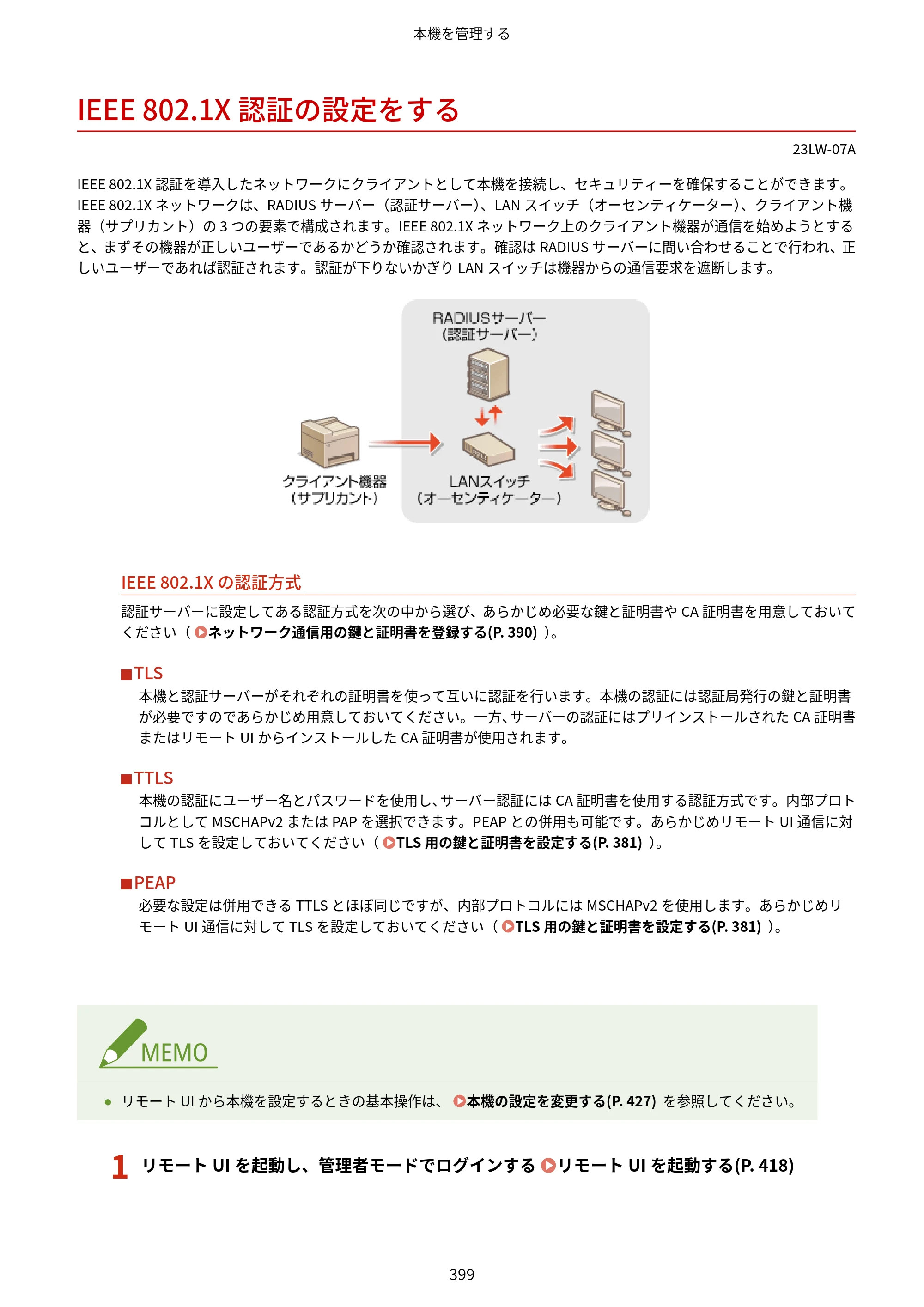 キヤノン MF521dw ユーザーズガイド 2023年8月24日更新（PDF：6.71MB） — IEEE 802.1X認証の設定をする — 原本ページ — 407ページ