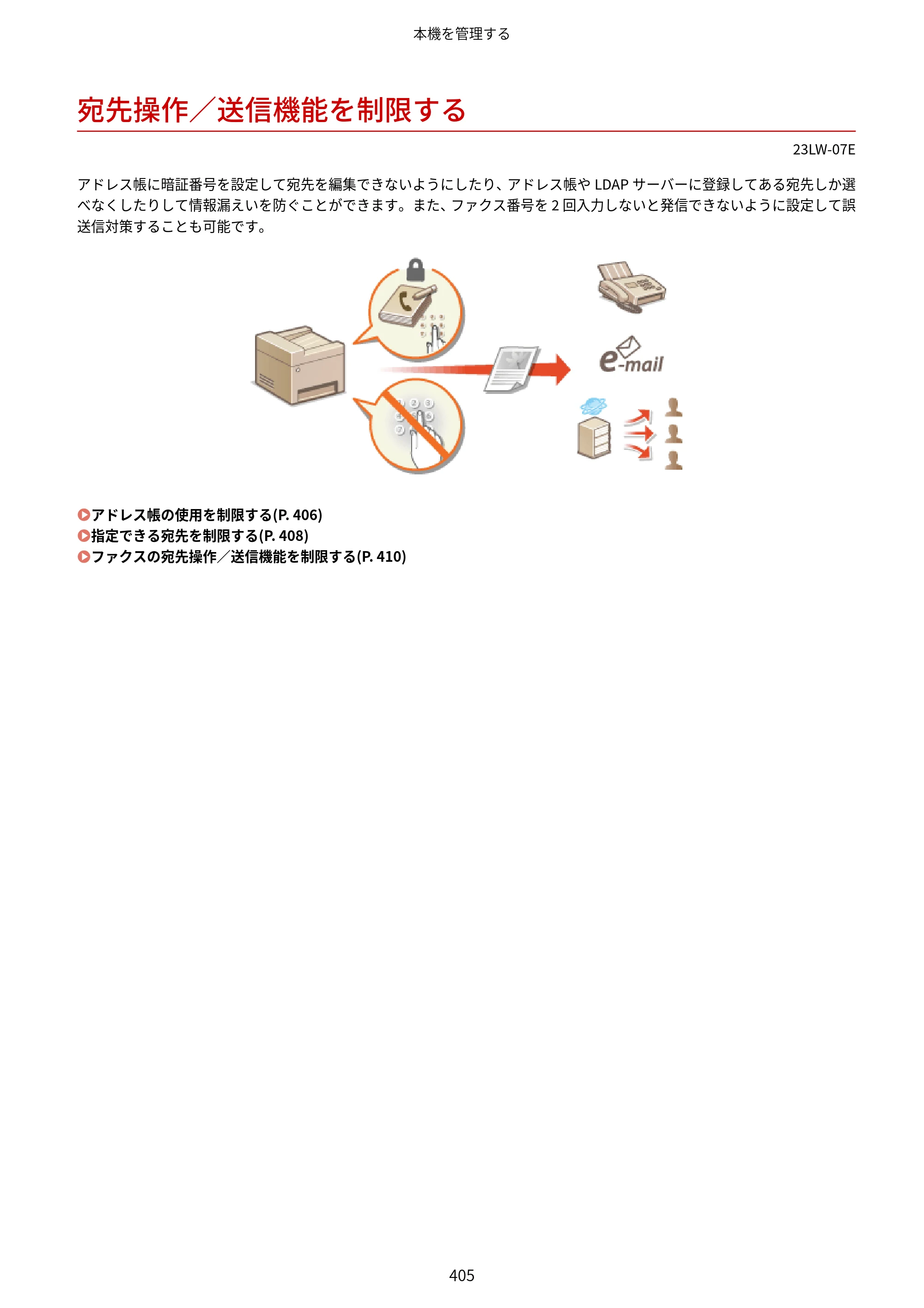 キヤノン MF521dw ユーザーズガイド 2023年8月24日更新（PDF：6.71MB） — 宛先操作／送信機能を制限する — 原本ページ — 413ページ