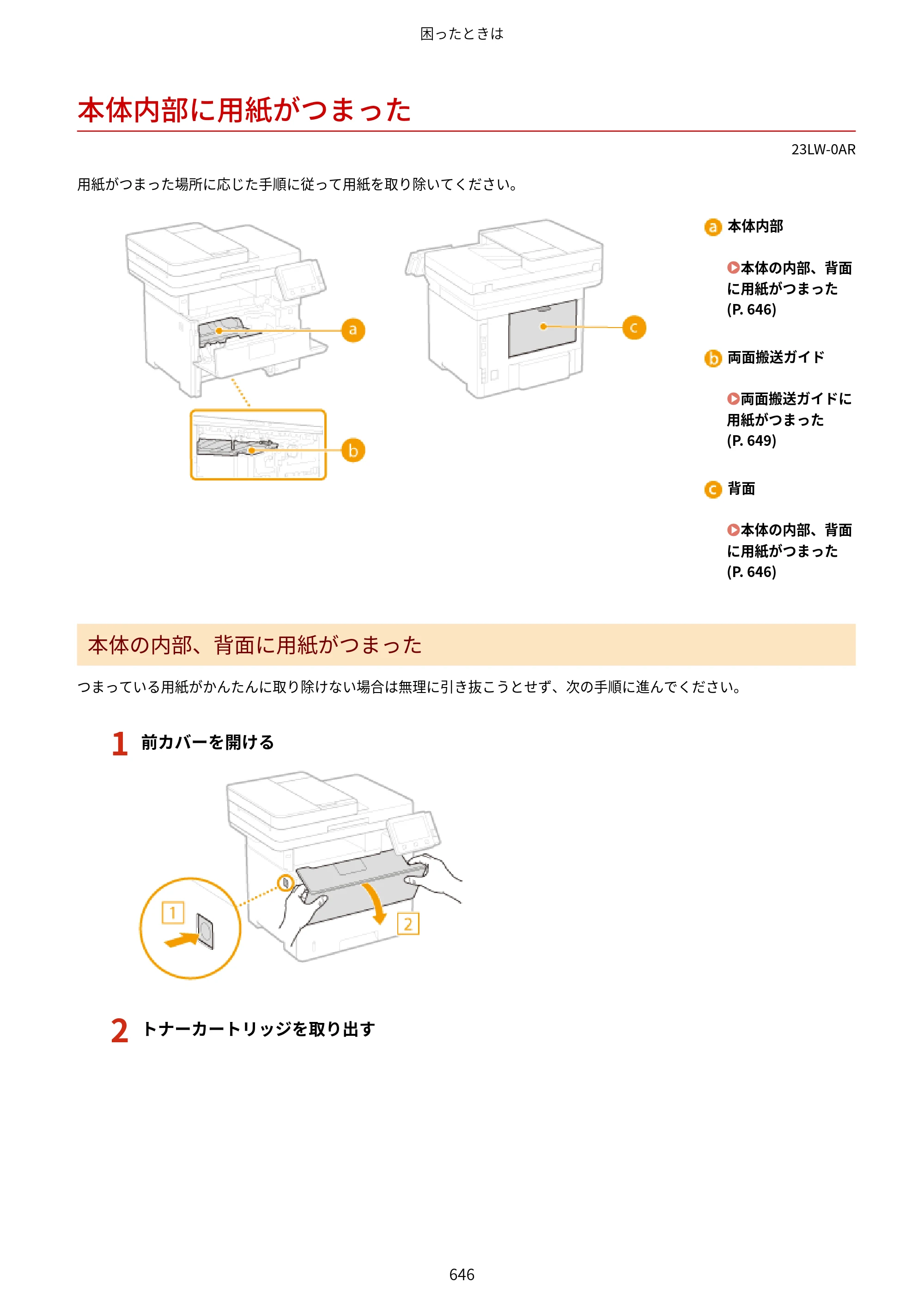 キヤノン MF521dw ユーザーズガイド 2023年8月24日更新（PDF：6.71MB） — 本体内部に用紙がつまった — 原本ページ — 654ページ