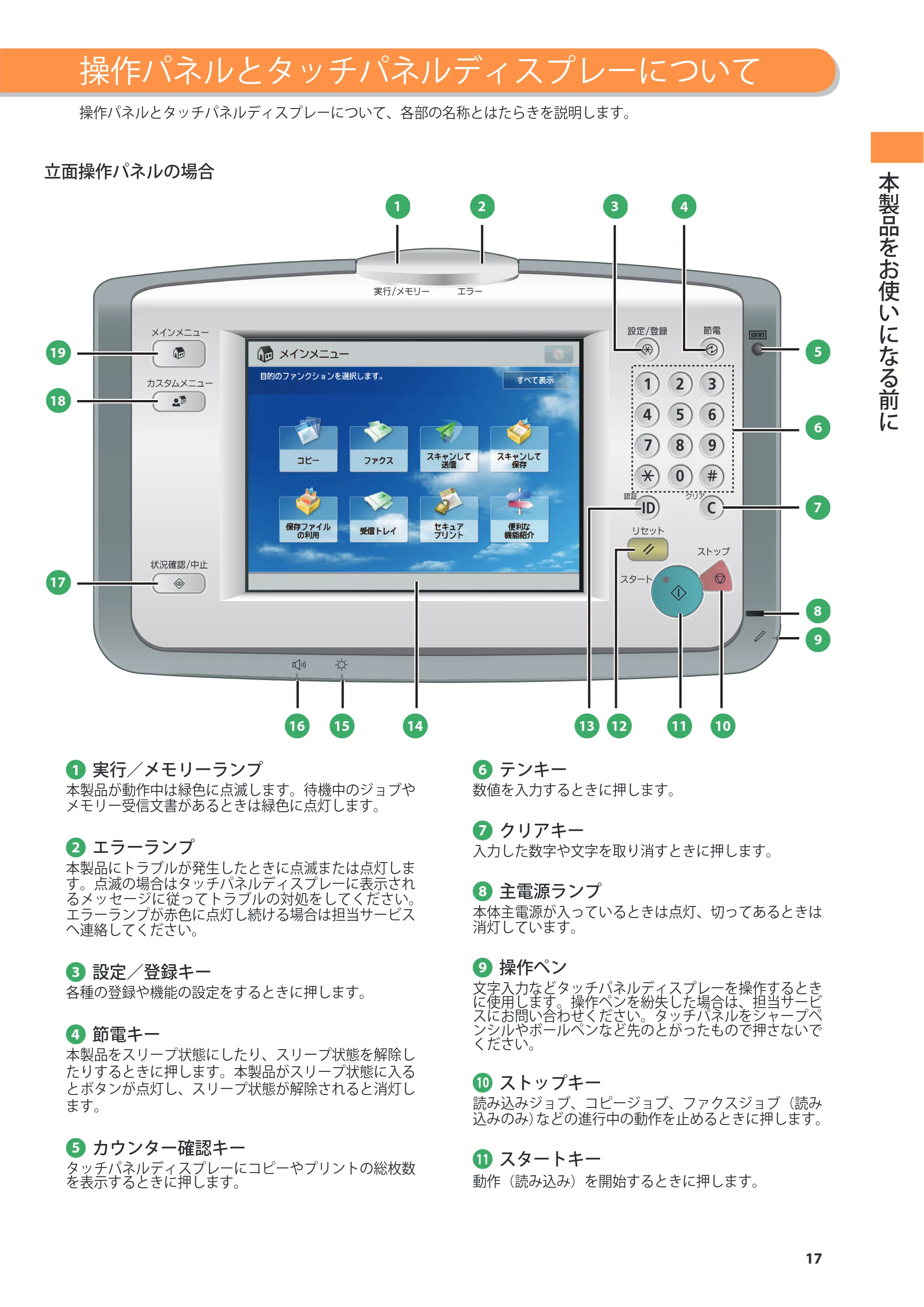 キヤノン C7270/C7260 オンラインマニュアル 基本操作ガイド 2013年1月16日更新（PDF：21.3MB） — 操作パネルとタッチパネルディスプレーについて — 原本ページ — 17ページ