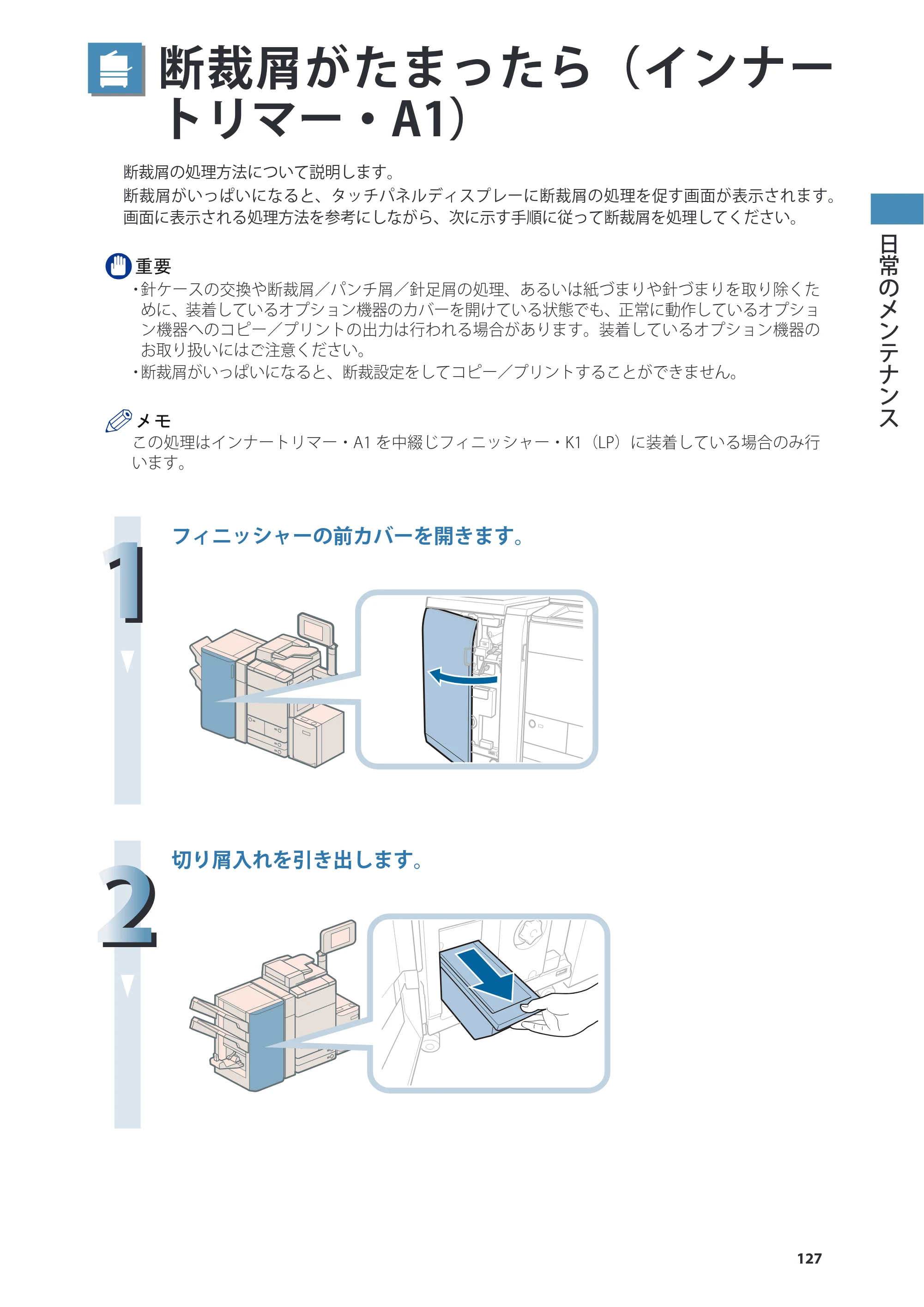 キヤノン C7270/C7260 オンラインマニュアル 基本操作ガイド 2013年1月16日更新（PDF：21.3MB） — 断裁屑がたまったら（インナートリマー・A1） — 原本ページ — 127ページ