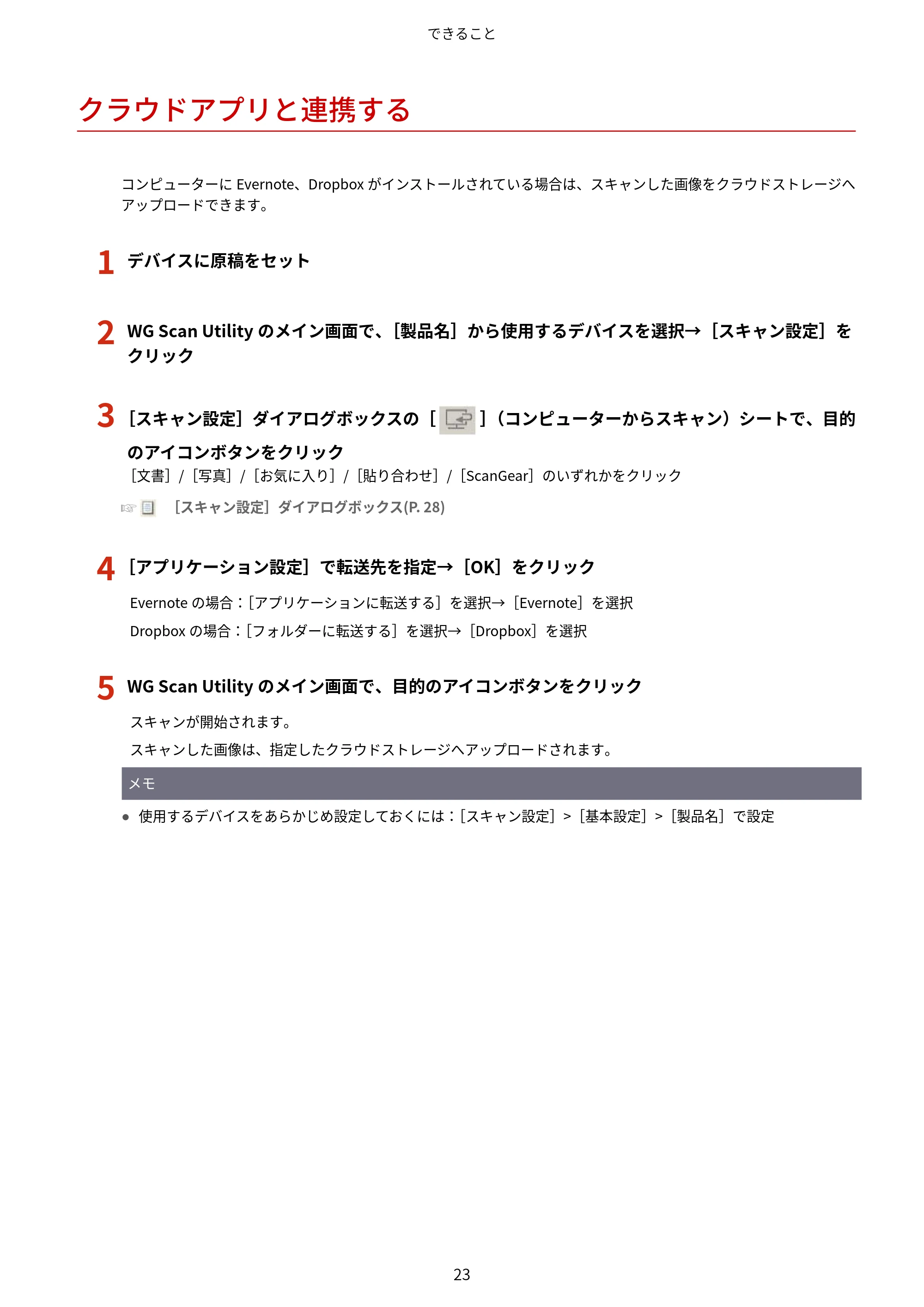 キヤノン WG7350F/7350FM Windows WG Scan Utility ユーザーズガイド 2018年12月7日更新（PDF：298KB） — クラウドアプリと連携する — 原本ページ — 25ページ